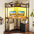 DurayLoly 35.4' W x 63' H Corner Desk with Hutch & LED Lights, Triangle Corner Desk and Computer Desk with Drawers for Storage & Shelves and Hook, Office Desk for Bedroom Small Space, Rustic Brown