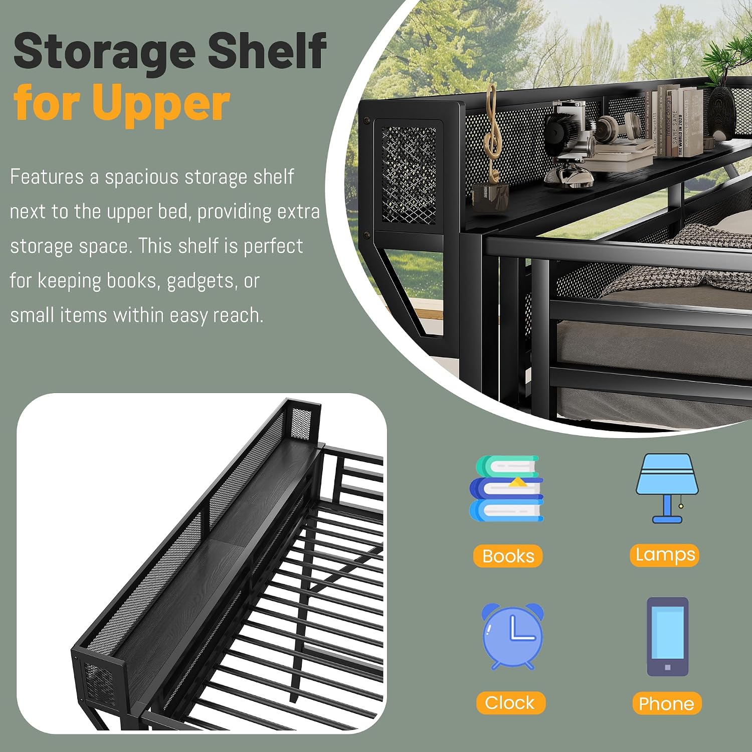Twin XL Loft Bed with Stairs, Metal Loft Beds Frame with Storage Shelves and Wardrobe, Heavy Duty High Lofted Bed for Kids Teens,Black + Black Stair