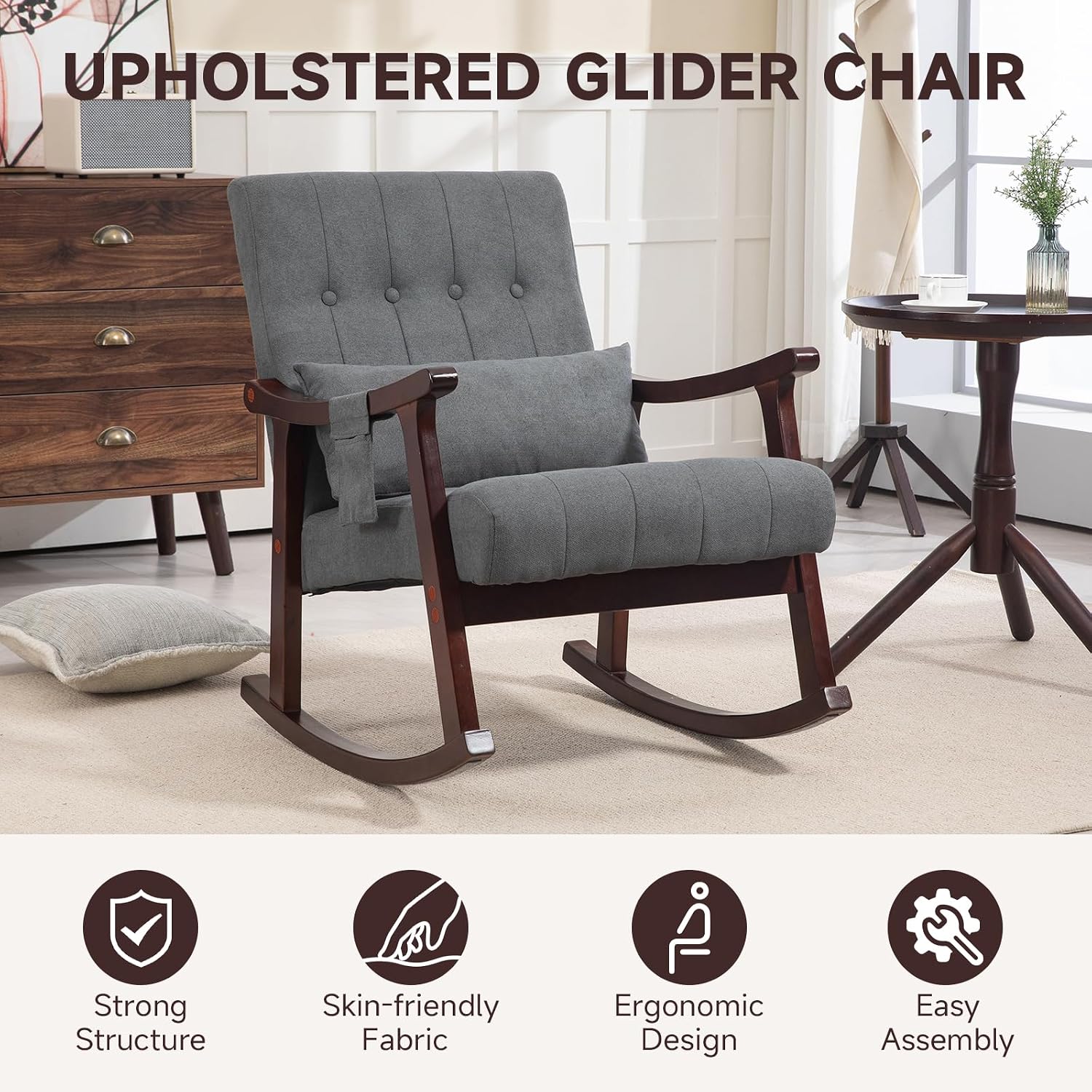 AVAWING Upholstered Rocking Chair, Small Fabric Glider Rocker with 2-Point Massage Lumbar Pillow and Solid Wood Legs, for Bedroom and Living Room, Dark Grey