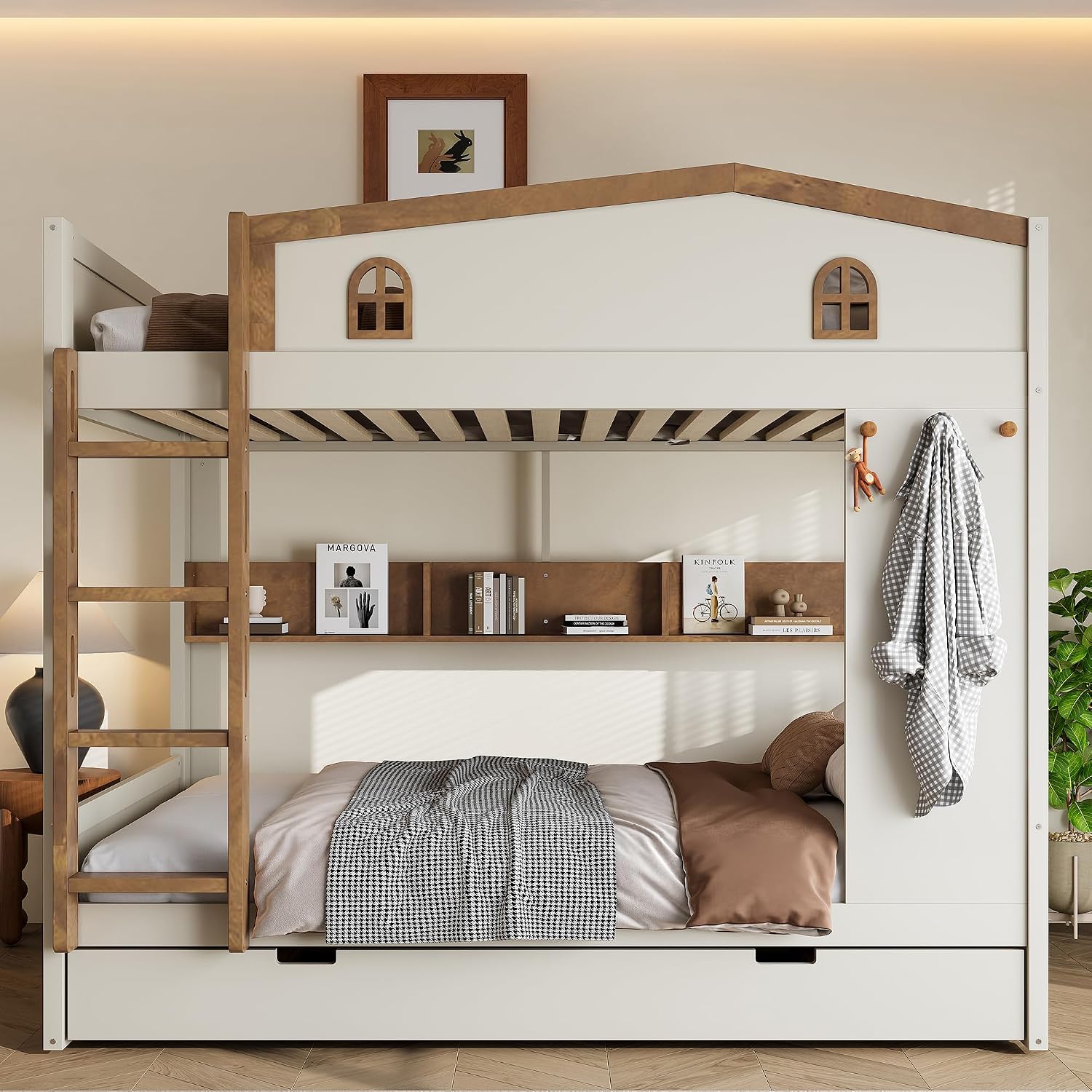 Queen Over Queen Bunk Bed with Trundle, Hooks and Storage Shelves, Solid Wood Bunk Beds for Kids Teens, Bedroom Space-Saving Furniture (Beige+Natural/T)