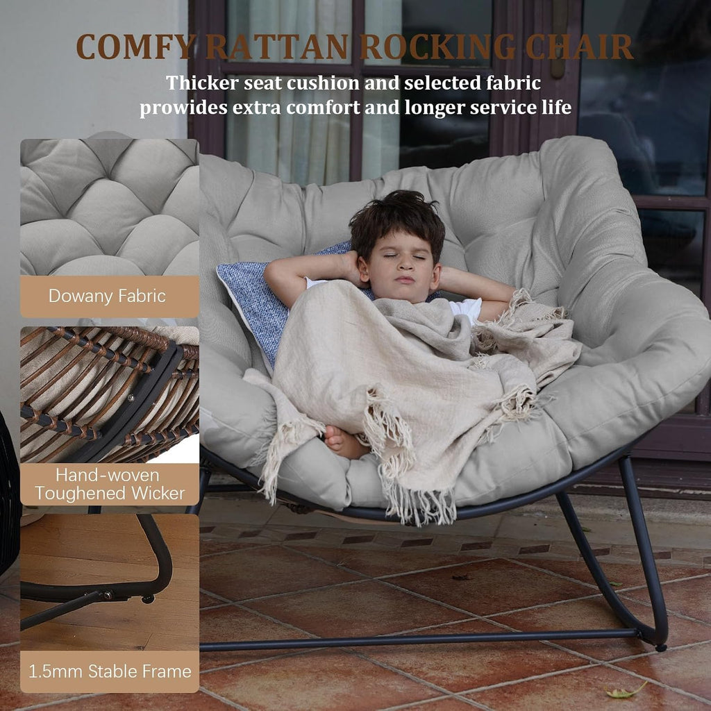 Rocking Papasan Chair, Oversized Outdoor Rocking Chair Rattan Rocking Chair with Deep Seat Thick Cushion, Patio Rocking Chair for Indoor/Porch/Garden (Light Grey & Black), Spring, 2026