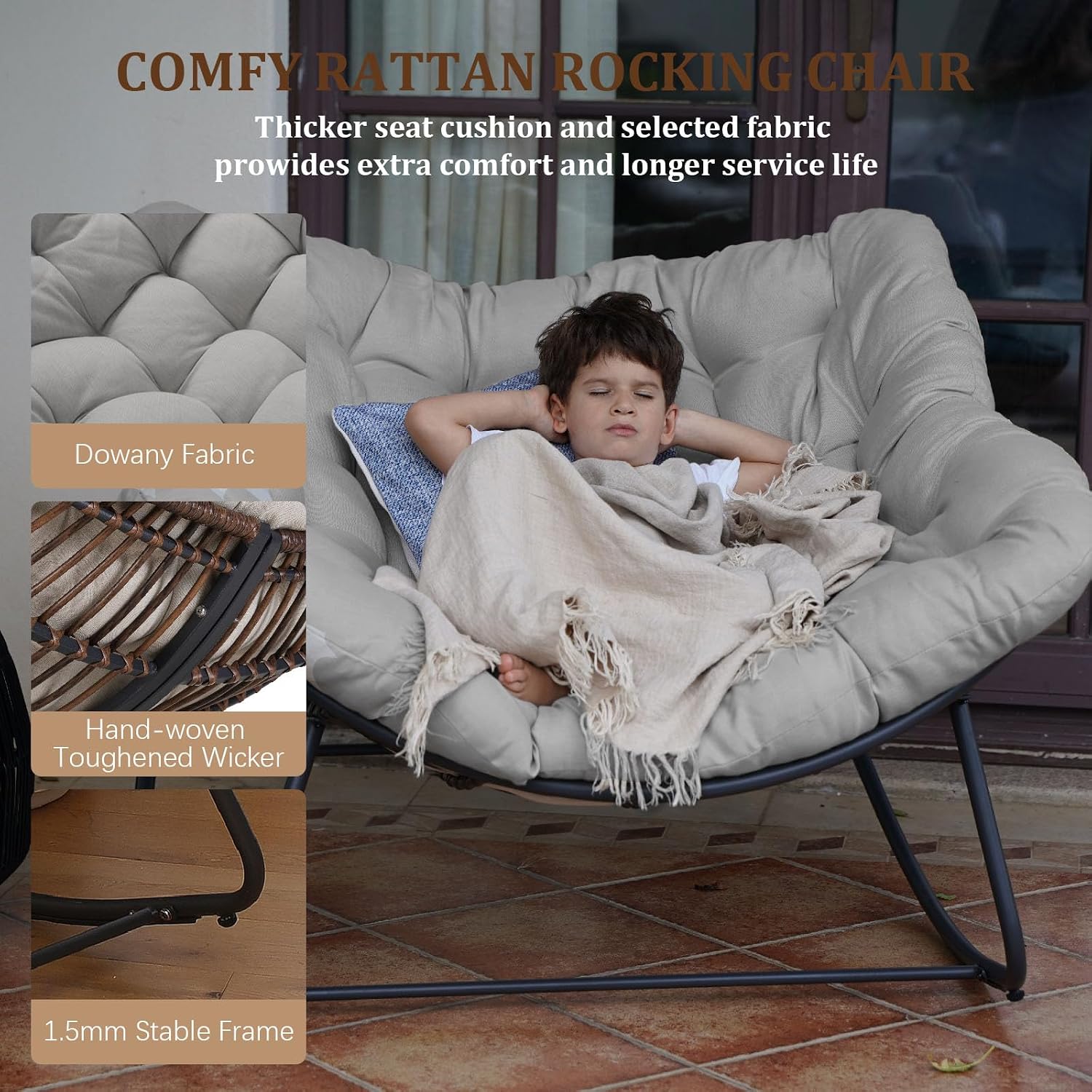 Rocking Papasan Chair, Oversized Outdoor Rocking Chair Rattan Rocking Chair with Deep Seat Thick Cushion, Patio Rocking Chair for Indoor/Porch/Garden (Light Grey & Black), Spring, 2026