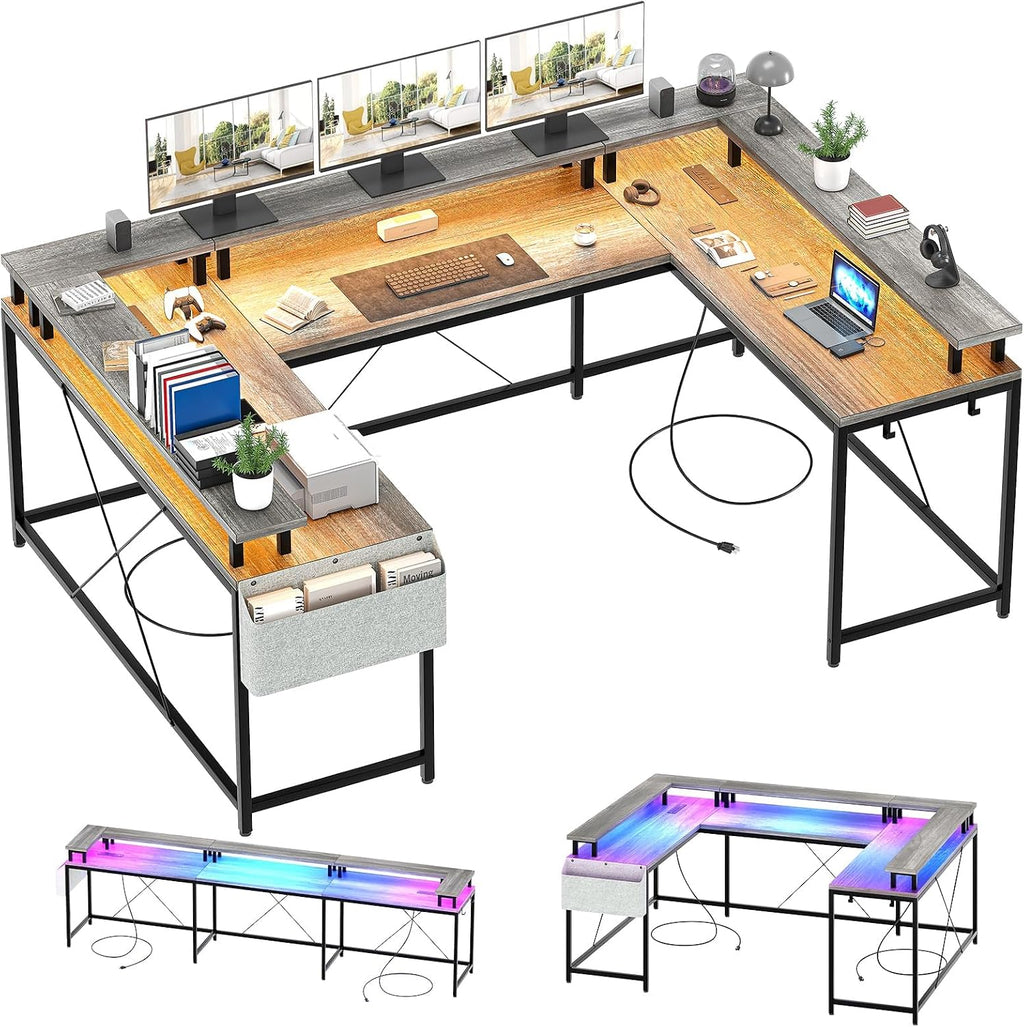 126' U Shaped Gaming Desk, Power Outlets & USB Ports, Reversible Corner Computer Desk with Monitor Stand, RGB LED Lights, Storage Shelves & Bag, Gaming Desk for Home Office, Tiger Stripes, Grey Oak