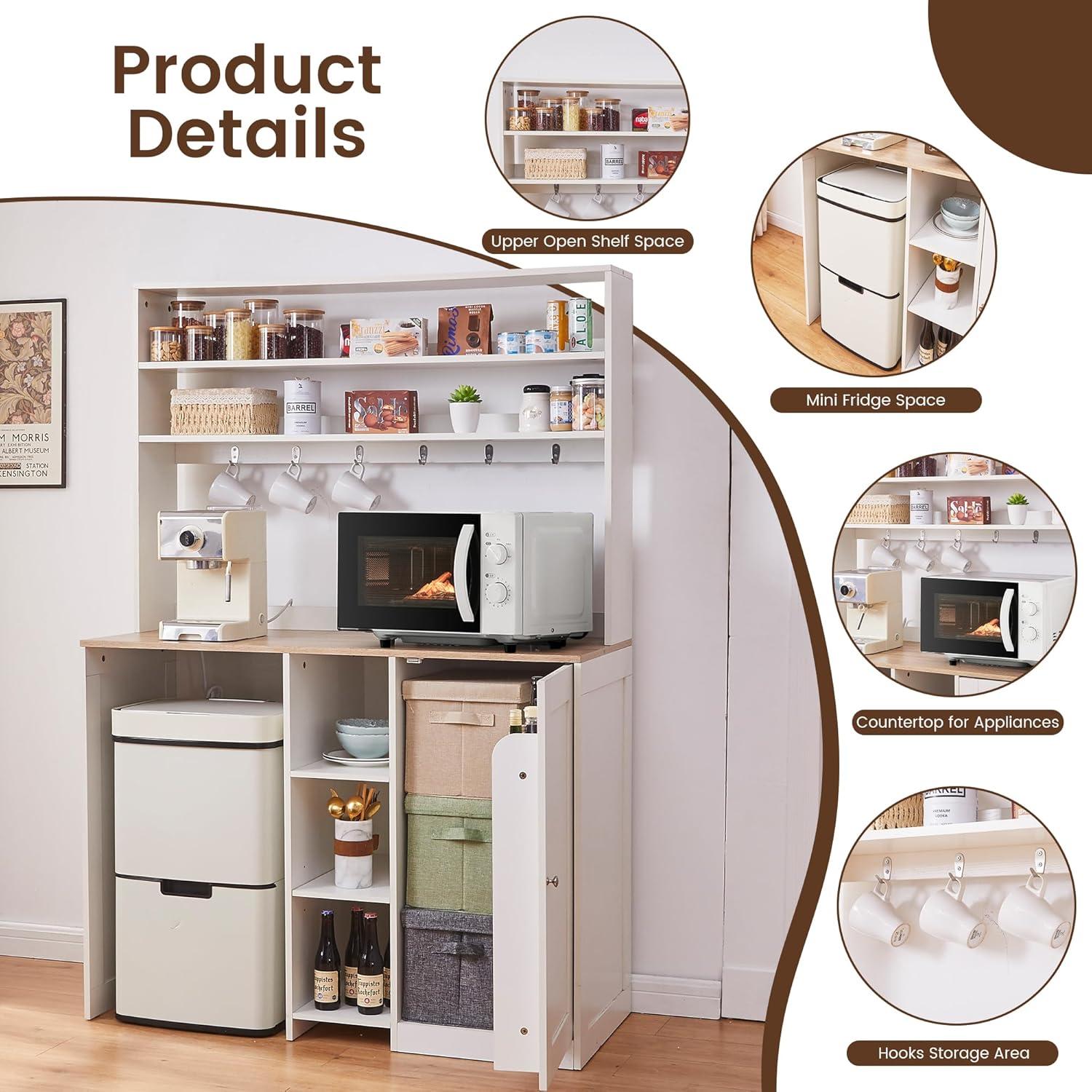 Mini Fridge Cabinet with Storage, Coffee Bar Cabinet with Mini Fridge Space and Power Outlet, Liquor Wine Bar Cabinet with Microwave Shelf, Beverage Station for Kitchen, Dorm, Living Room