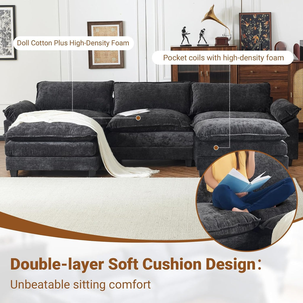 VINGLI 122' Cloud Double-Layer Deep Convertible Sectional Sofa, Comfy L-Shape 3-Seat Couches for Living Room, Modern Couch with Two Movable Ottoman for Small Space, Chenille Black