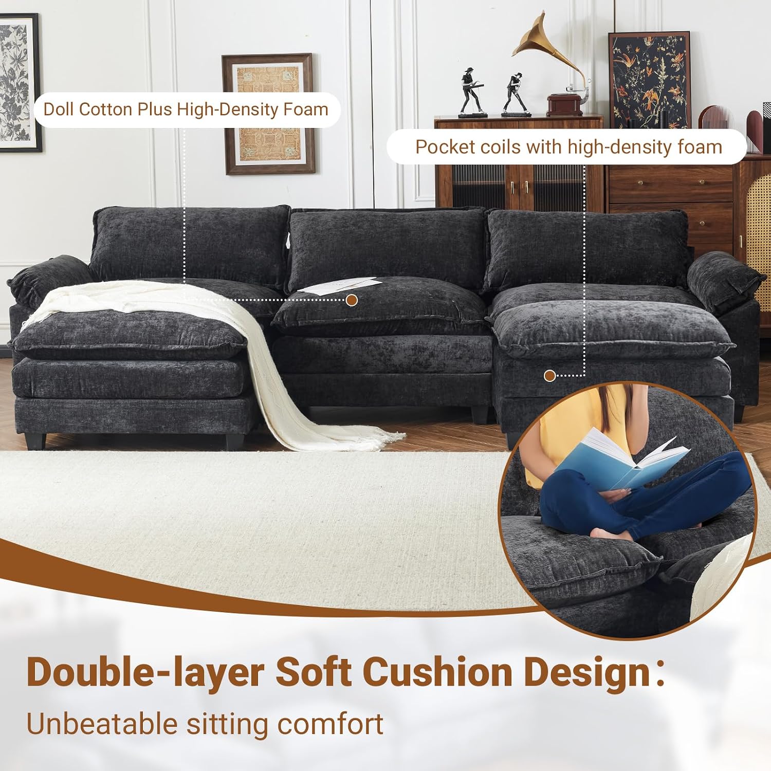 VINGLI 122' Cloud Double-Layer Deep Convertible Sectional Sofa, Comfy L-Shape 3-Seat Couches for Living Room, Modern Couch with Two Movable Ottoman for Small Space, Chenille Black