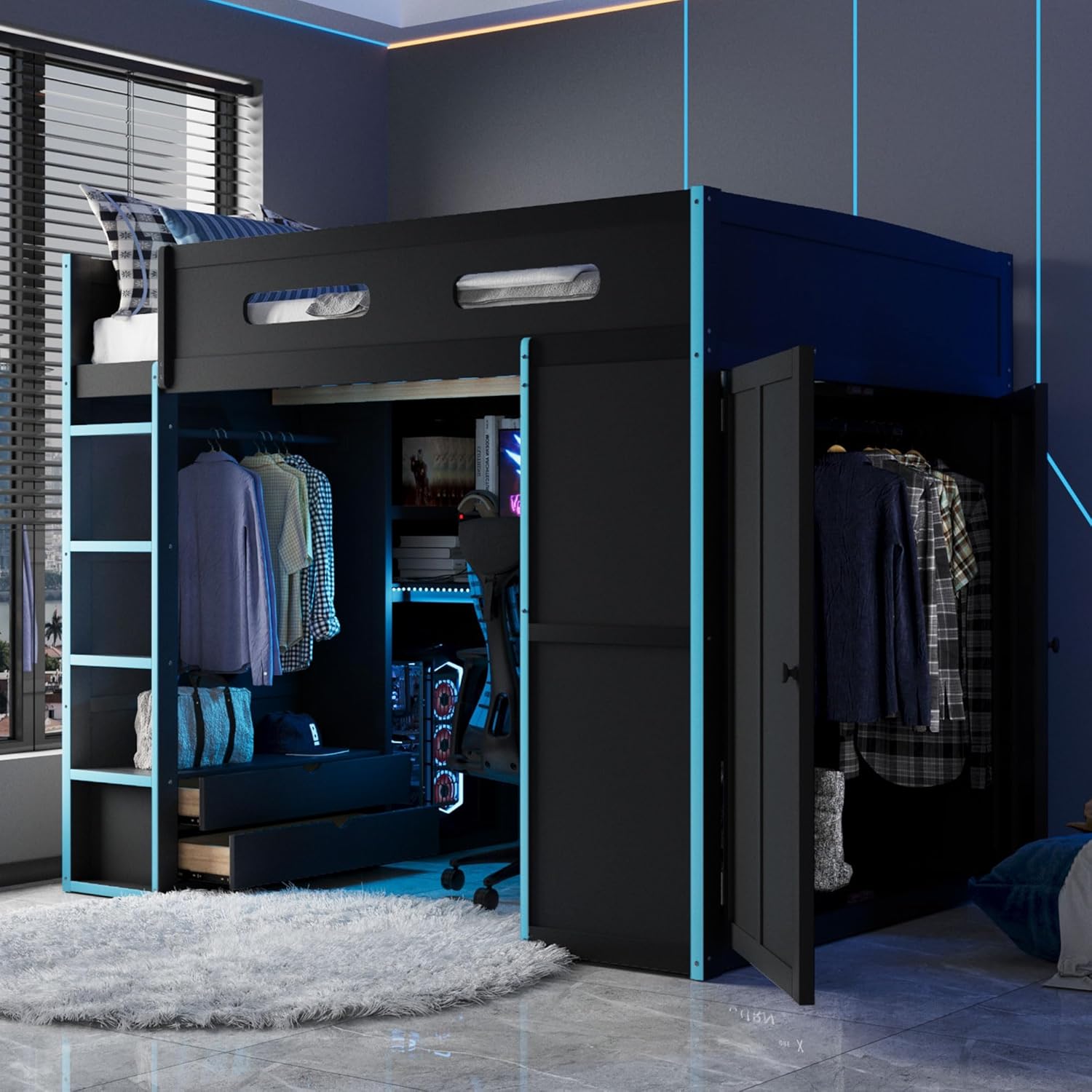 DNYN Full Size Loft Bed with Desk & Drawers & Storage Shelves & Led & Wardrobe Design for Bedroom,Gaming Style Wooden Bedframe w/Safety Guardrails & Blue Ladder,No Box Spring Needed, Black