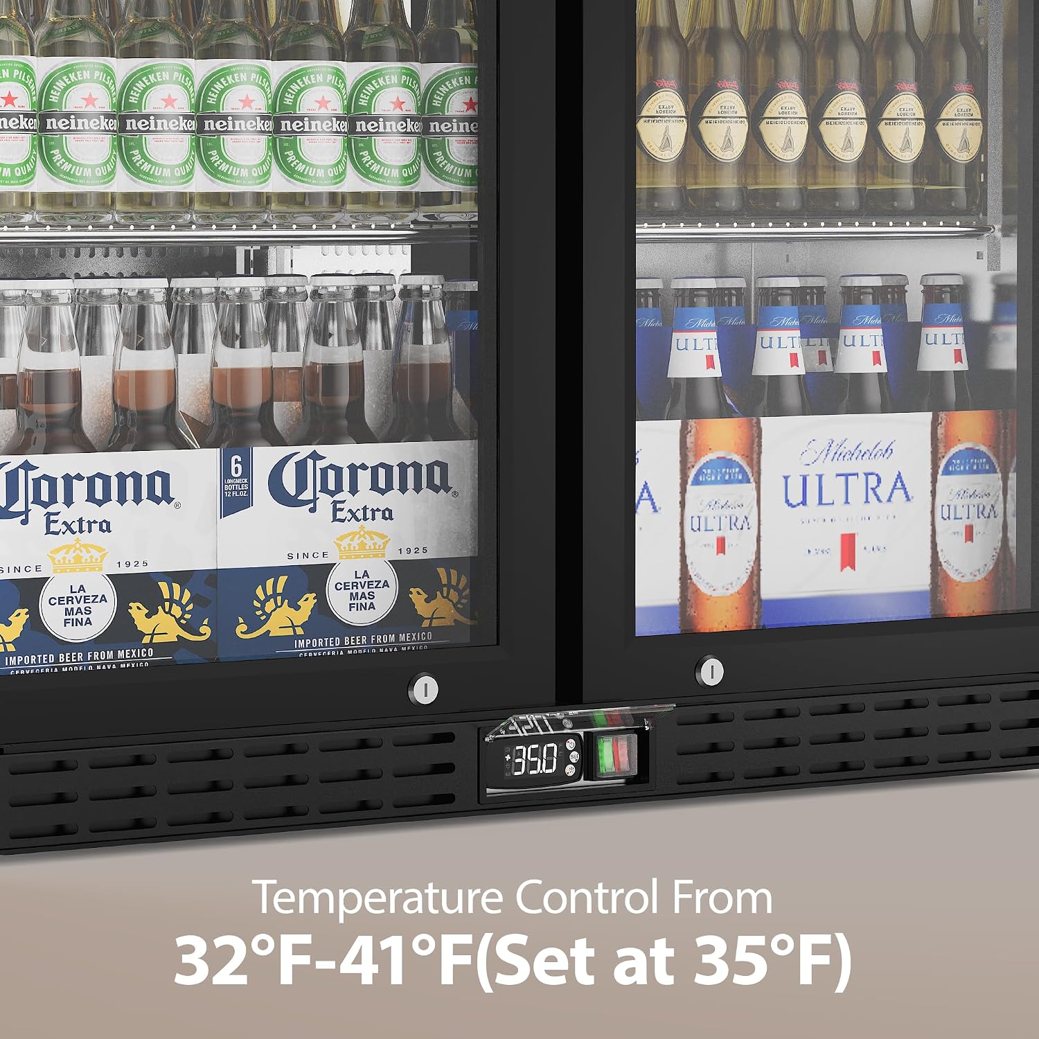 Coolake Back Bar Cooler Refrigerator with 2 Glass Doors, 7.4 cu.ft Commercial Under Counter Height Beverage Refrigerator with LED Lighting, Display Drink Fridge for Home Bar, Man Cave, Garage, Office