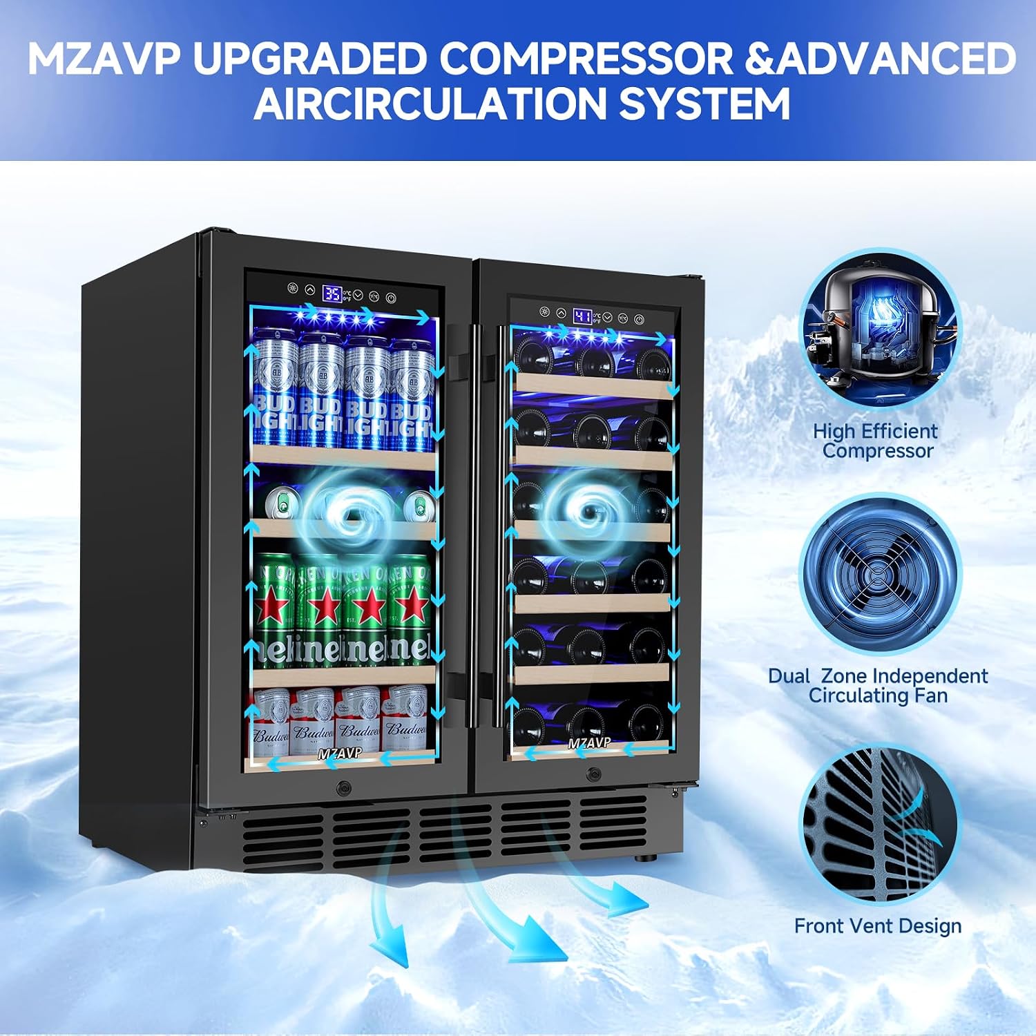 30 Inch Wine and Beverage Refrigerator, Dual Zone Wine Beverage Cooler, 30' Wine Cooler Under Counter or Freestanding Wine Beer Fridge with Upgraded Cooling, Holds 30 Bottles and 110 Cans, Black