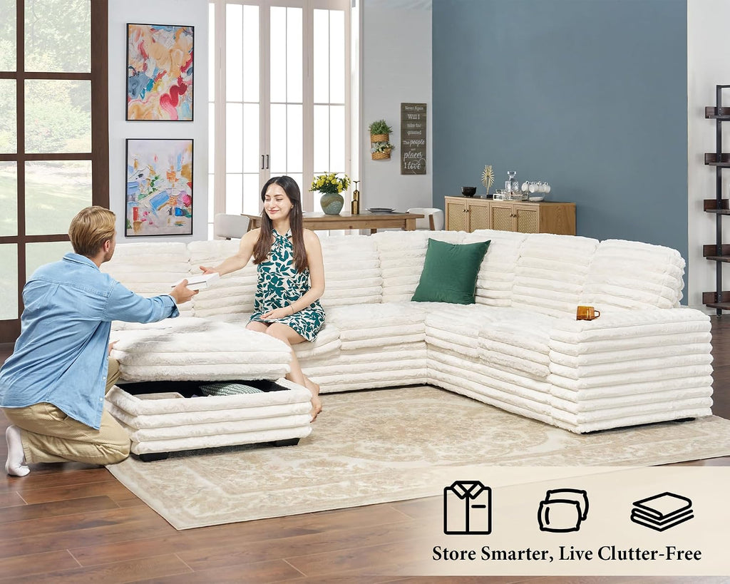 AMERLIFE 112 Inch U Shaped Couch, Oversized Couch with Storage Chaise & Cup Holders, Sectional Sofa with USB & Type-C Charging Ports, Faux Fur White Sofa