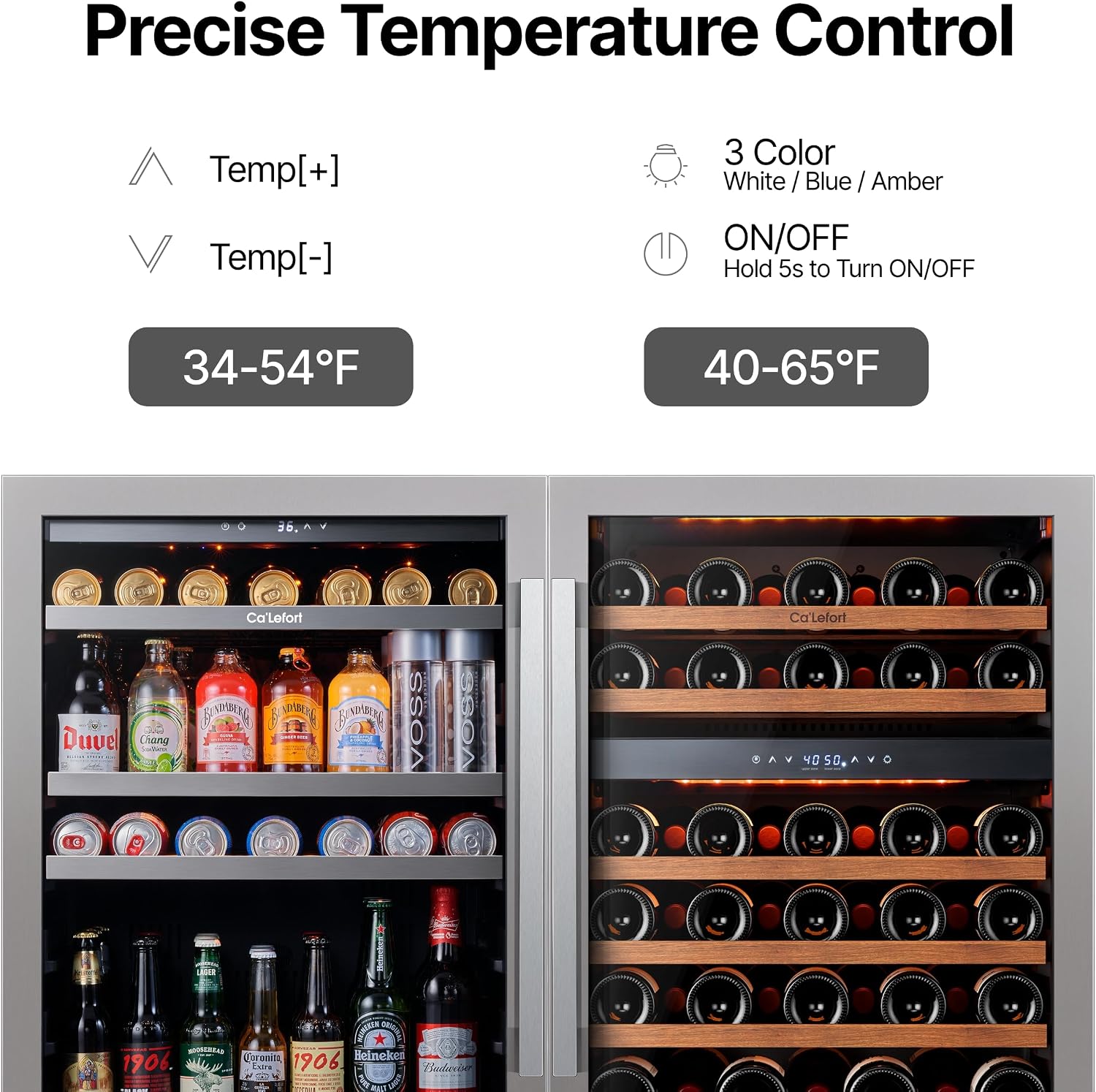 Ca'Lefort Wine and Beverage Refrigerator, 48 Inch Bundle Wine Fridge with 200 Cans and 46 Bottles, 34-65°F Built-in or Freestanding Beverage Fridge with Glass Door, Drink Cooler for Kitchen Bar Office