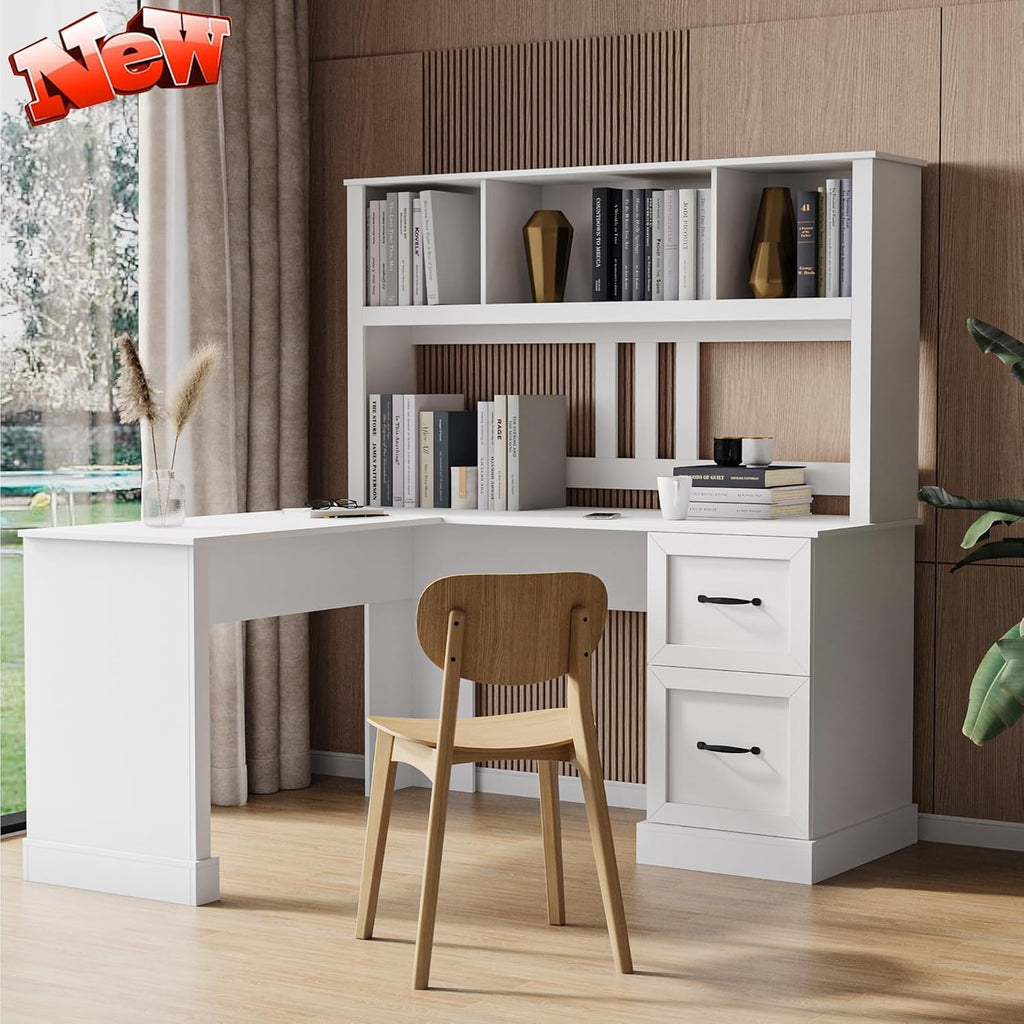Bellemave L Shaped Computer Desk with Hutch, Home Office Desk with Storae Drawers & Bookshelf, Corner Desk, Study Table Writing Desk with Storage, Easy to Assemble, Antiqued White