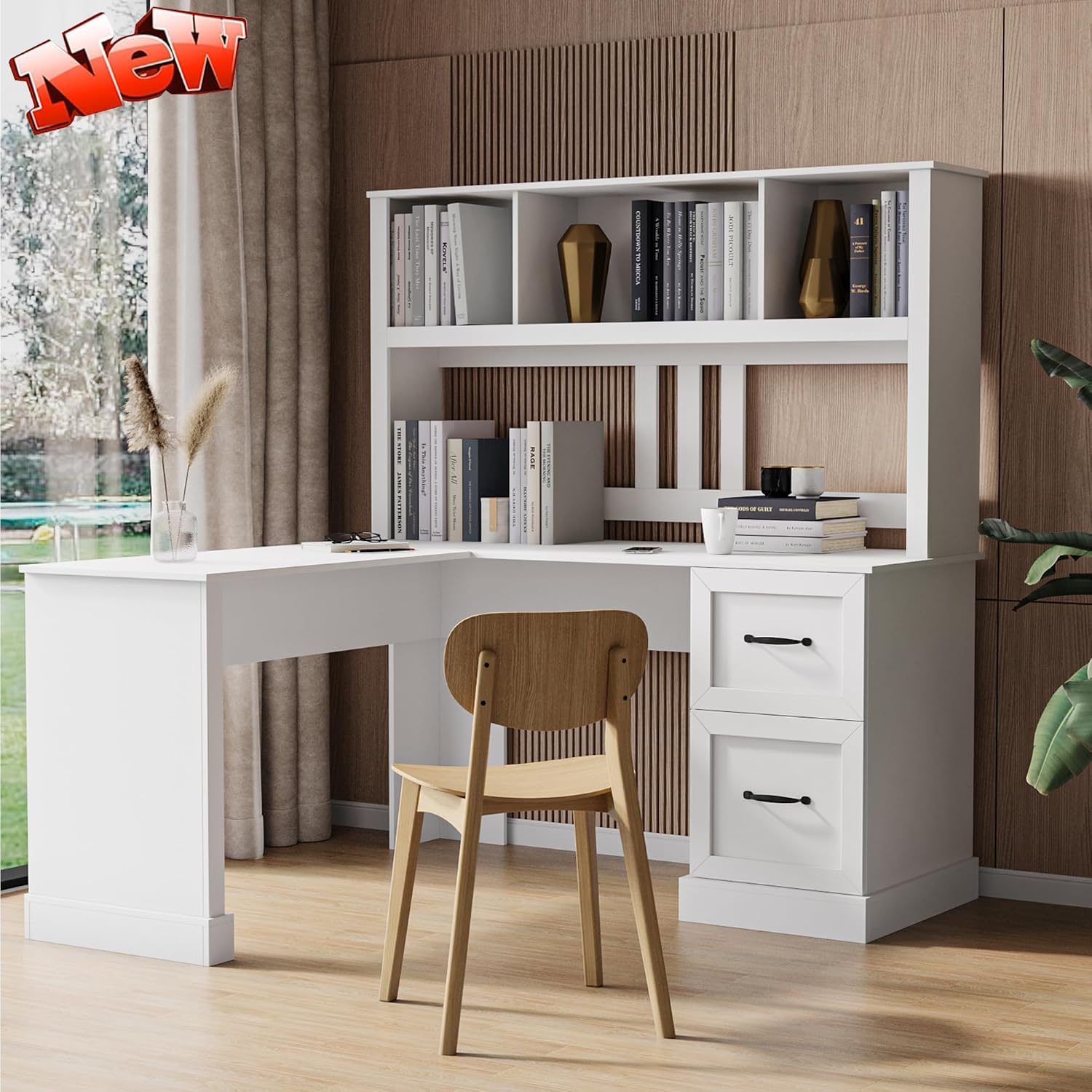 Bellemave L Shaped Computer Desk with Hutch, Home Office Desk with Storae Drawers & Bookshelf, Corner Desk, Study Table Writing Desk with Storage, Easy to Assemble, Antiqued White