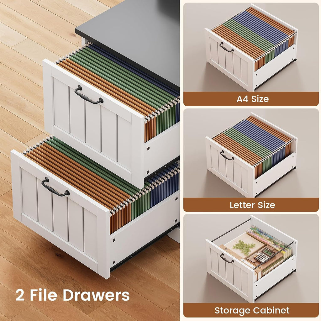 SEDETA 63' L Shaped Desk with Drawers, Farmhouse Office Desk with File Drawers, Wood Corner Computer Desk with Storage, Home Office Desk with Monitor Stand and Storage Cabinet, Black and White