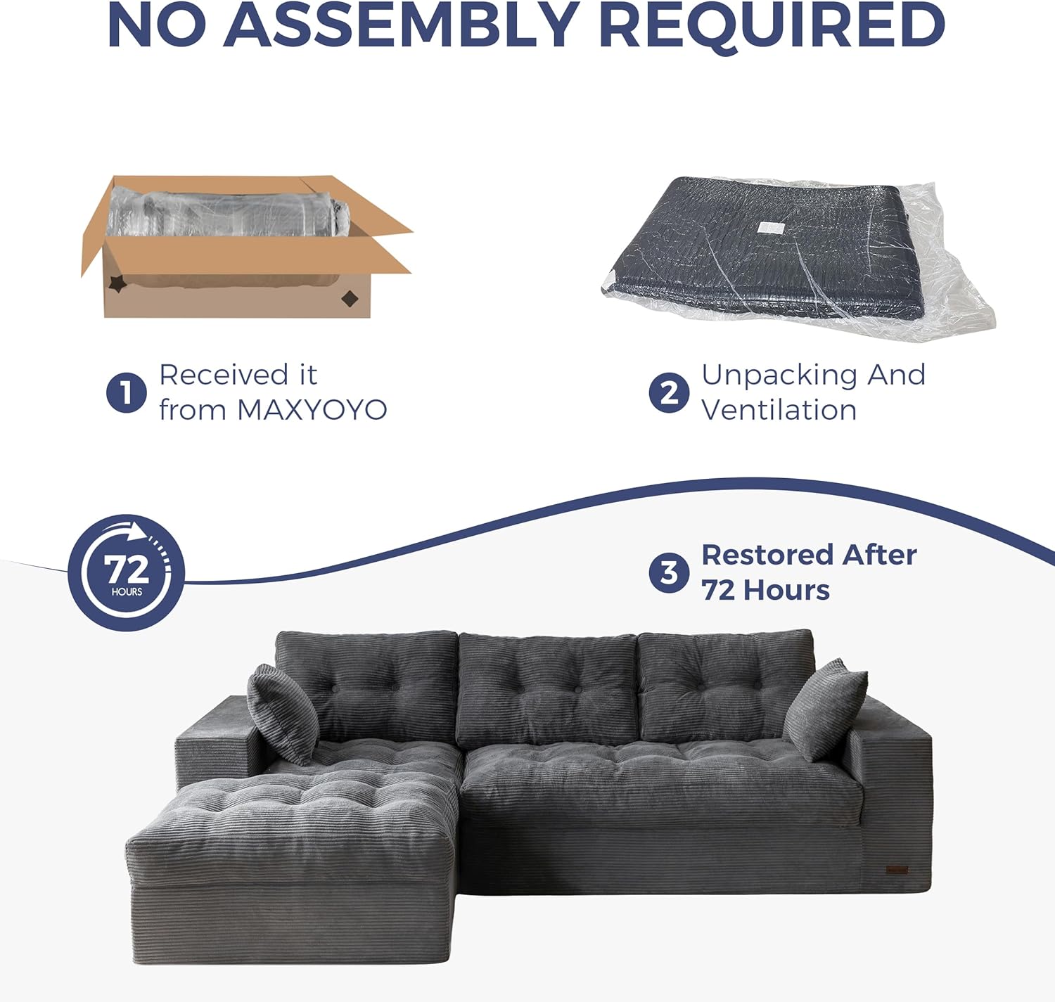 MAXYOYO 104' L Shaped Modular Sectional Sofa with Ottoman, Cloud Boneless Couch with Layered Cushion, Upholstered Sofa Flexible Module Combination for Living Room, No Assembly, Dark Grey