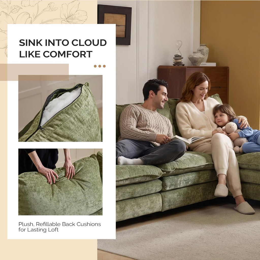 VINGLI 122' Cloud Double-Layer Deep Convertible Sectional Sofa, Comfy L-Shape 3-Seat Couches for Living Room, Modern Couch with Movable Ottoman for Small Space, Olive Green, Chenille