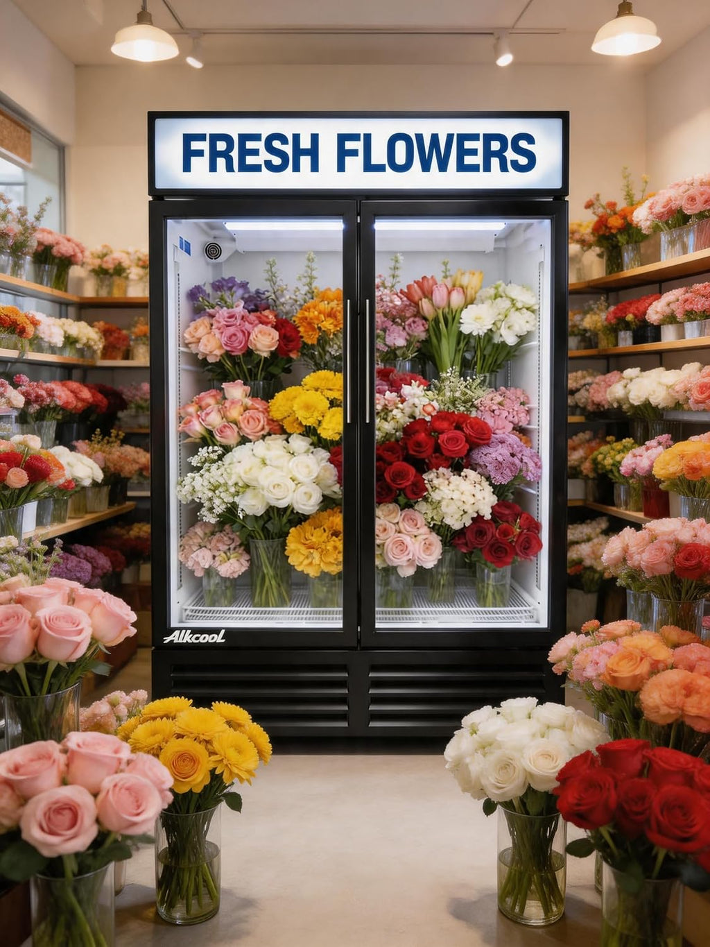 Commercial Flower Beverage Refrigerator Floral Display Fridge,Two Glass Door Drink Cooler with LED Light Adjustable Shelves,ETL Sanitation,46 Cu Ft,54' Wide,Wheels Included