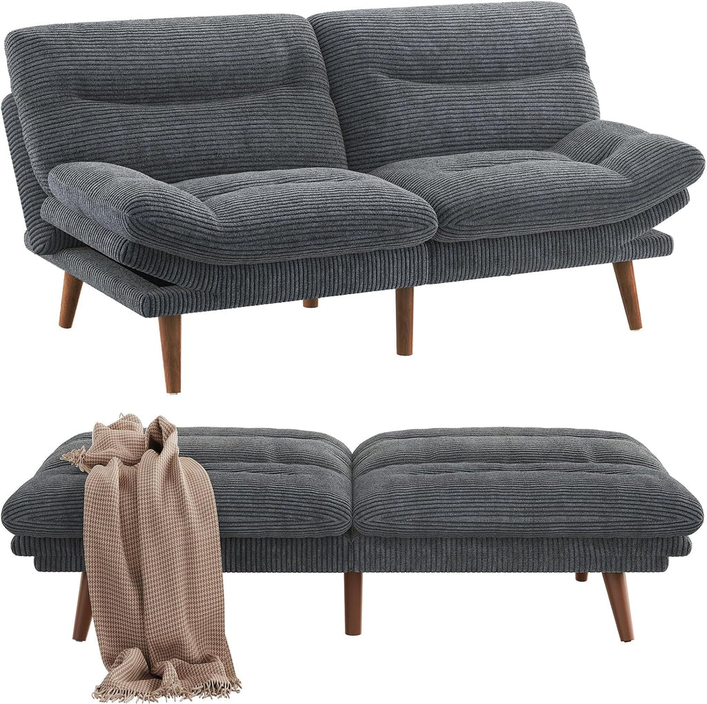 Pipishell Futon Sofa Bed, 66 Inch Corduroy Futon Couch Convertible with Adjustable Backrest and Armrests, Recliner Sleeper Sofa for Small Spaces, Living Room, Office, Guest Room (Grey, 66 Inch)