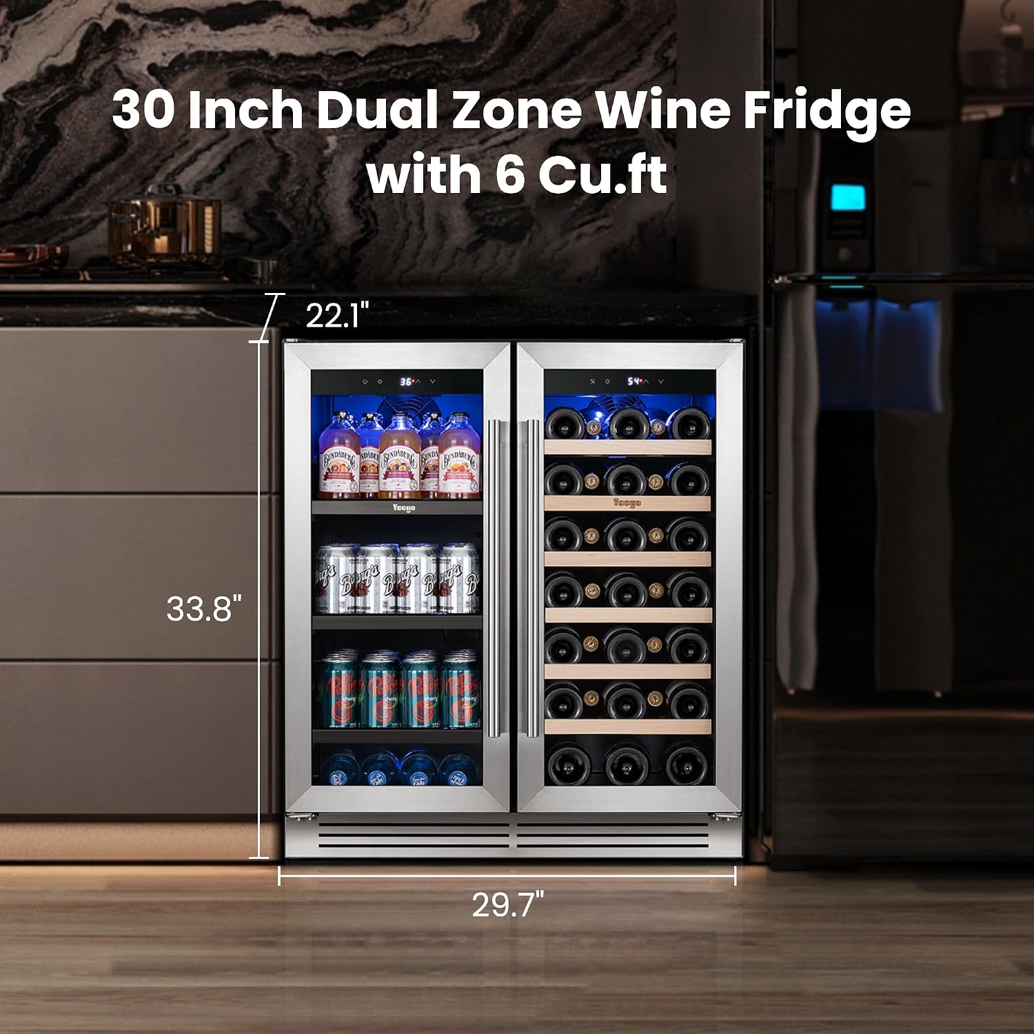 Yeego Wine and Beverage Refrigerator, 30 Inch Dual Zone Wine Fridge with Glass Door, 36-72℉ Beer Cooler Holds 33 Bottles and 80 Cans, Built-In or Freestanding Beverage Cooler for Home Bar Office