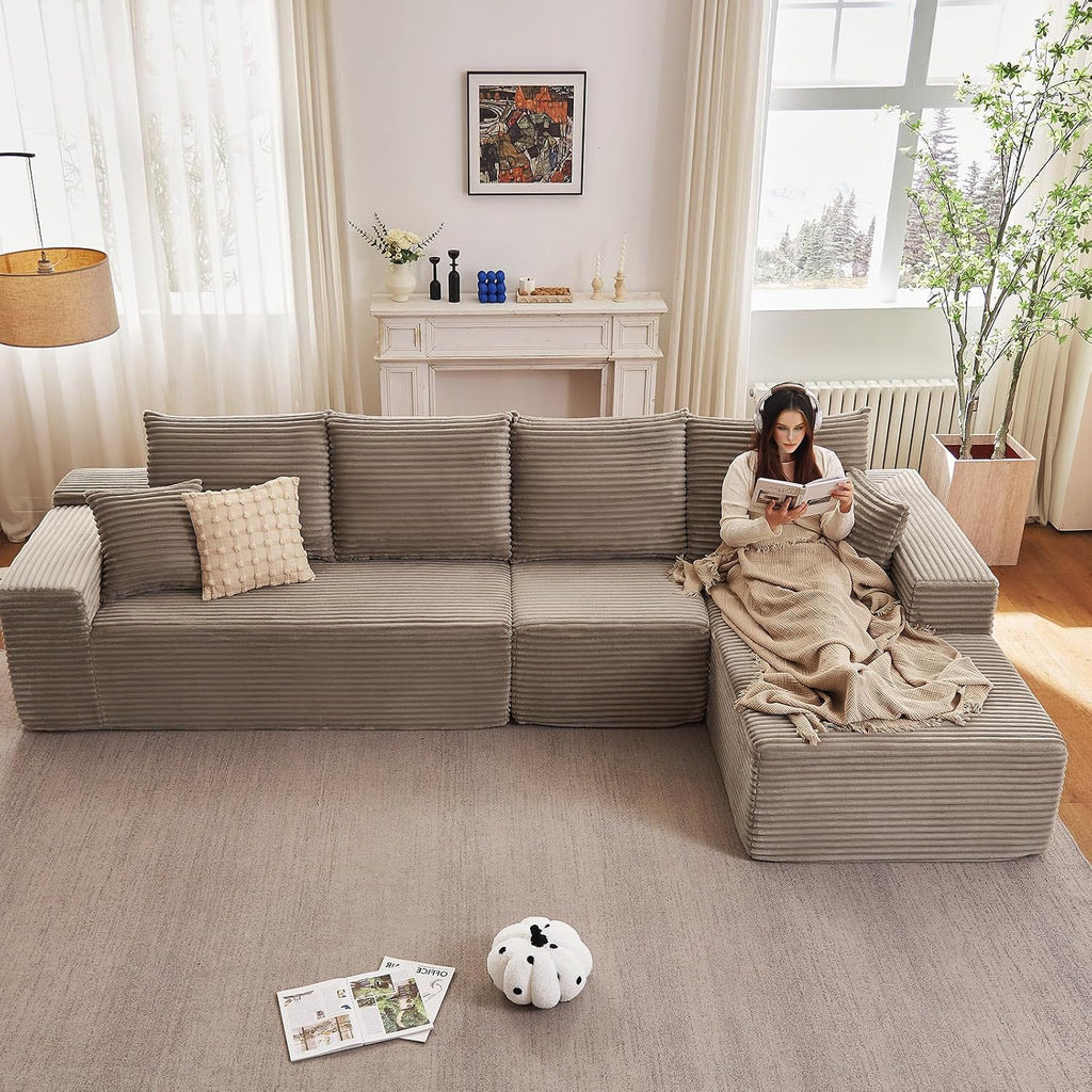 135' Cloud Sectional Couch with L-Shape Chaise, Modern Modular Comfy Sofa Chaise Longue, Upholstered Corduroy Couches Sleeper with Deep Seat for Living Room Bedroom, No Assembly Required, Camel
