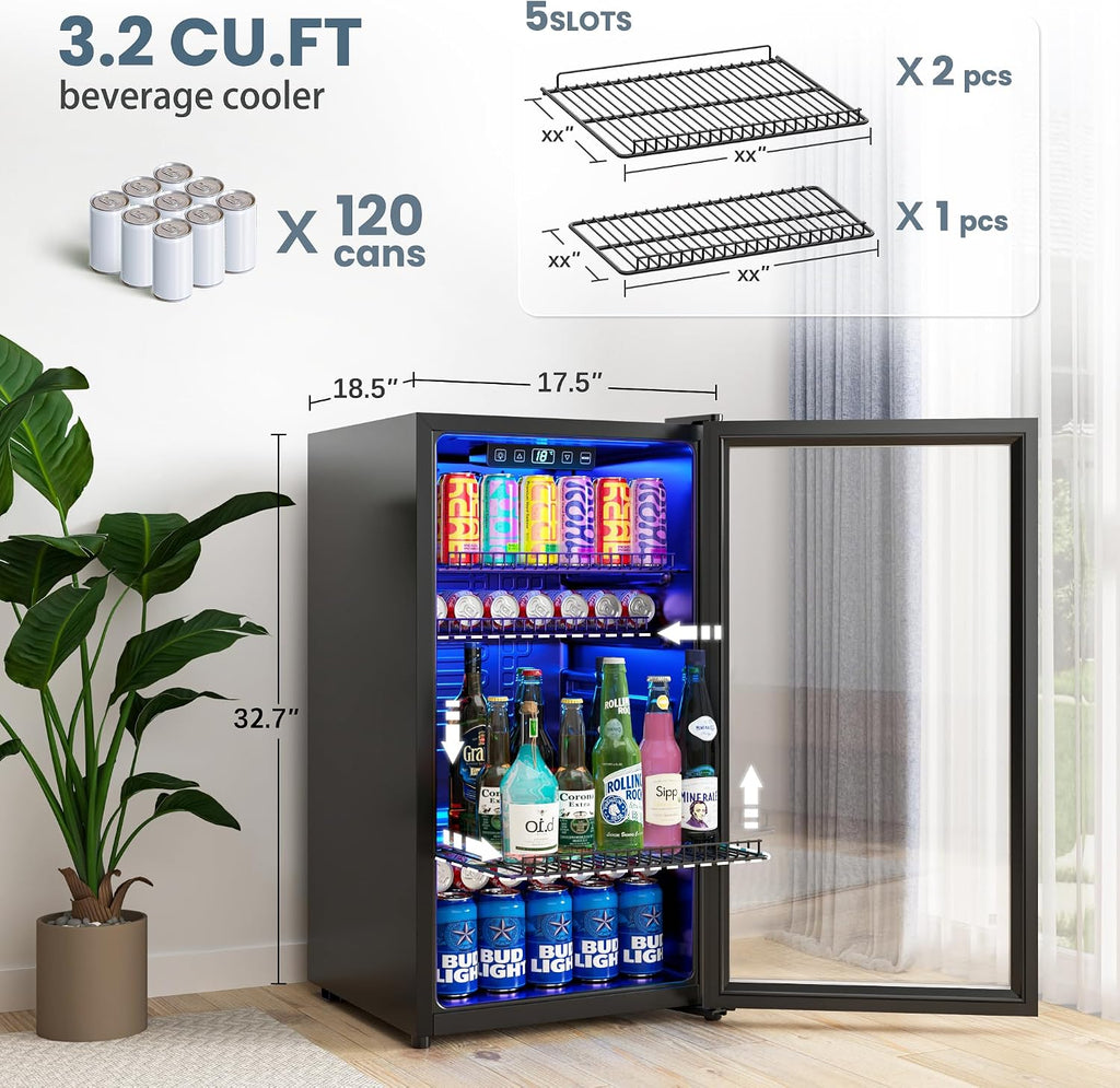 Manastin Beverage Refrigerator Cooler-Mini Fridge Freestanding Cooler with Glass Door, Adjustable Shelves & Digital Temperature Display for Soda, Wine or Beer (Silver, 3.2 Cu.Ft)