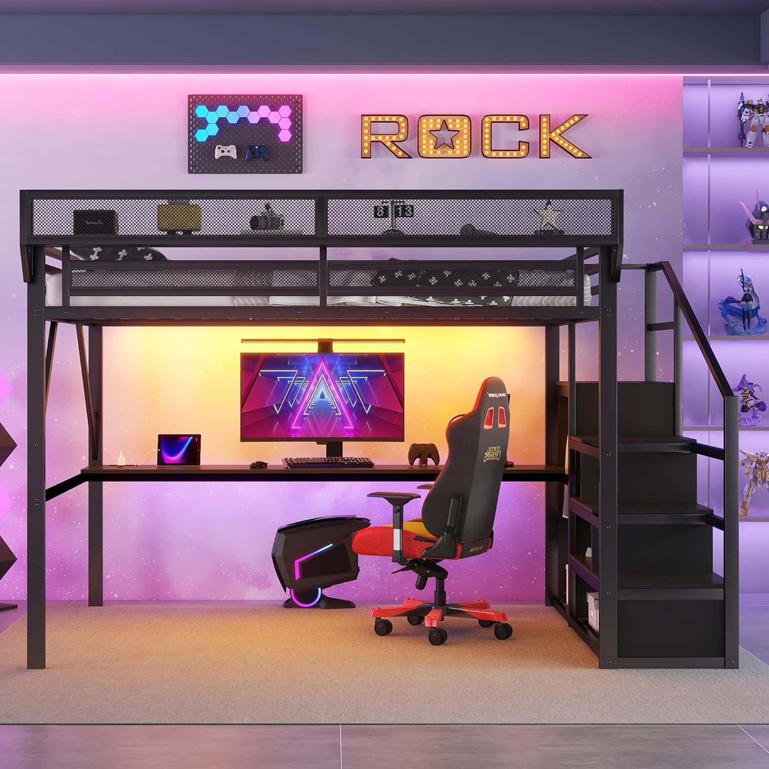 Queen Size Loft Bed with Stairs & Desk, Metal High Gaming Loft Bed Queen Frame with Storage Shelves, RGB Light & Charging Station, Heavy-Duty Beds with Closet for Adults,Teens, Kids, All Black
