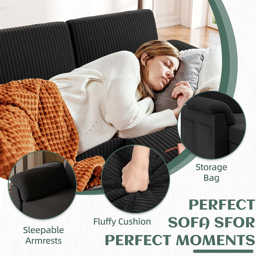 Vongrasig Convertible Sectional Couches, 3 Seat L Shaped Couch Sofa with Removable Pillows Soft Corduroy Fabric Small Couch Mid Century for Living Room, Apartment and Office Black