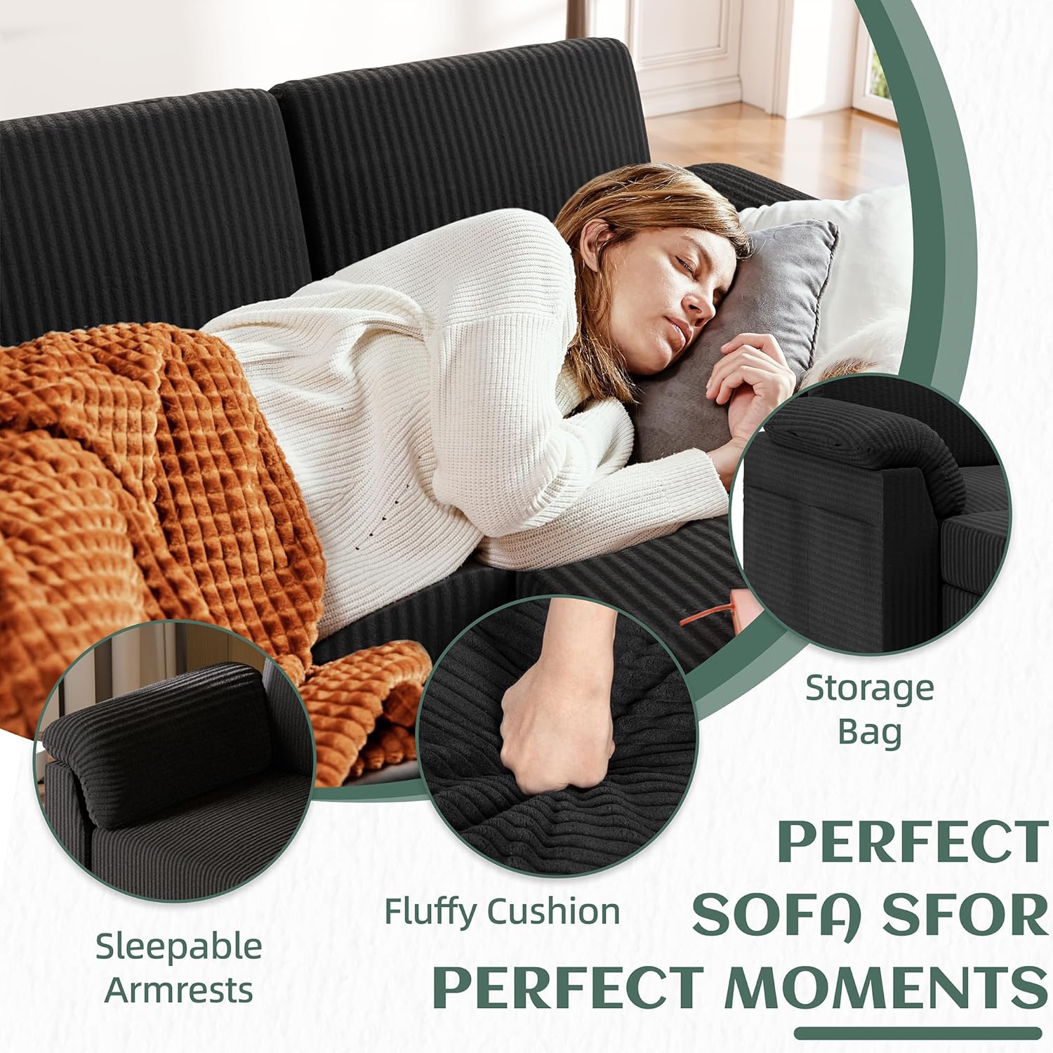 Vongrasig Convertible Sectional Couches, 3 Seat L Shaped Couch Sofa with Removable Pillows Soft Corduroy Fabric Small Couch Mid Century for Living Room, Apartment and Office Black