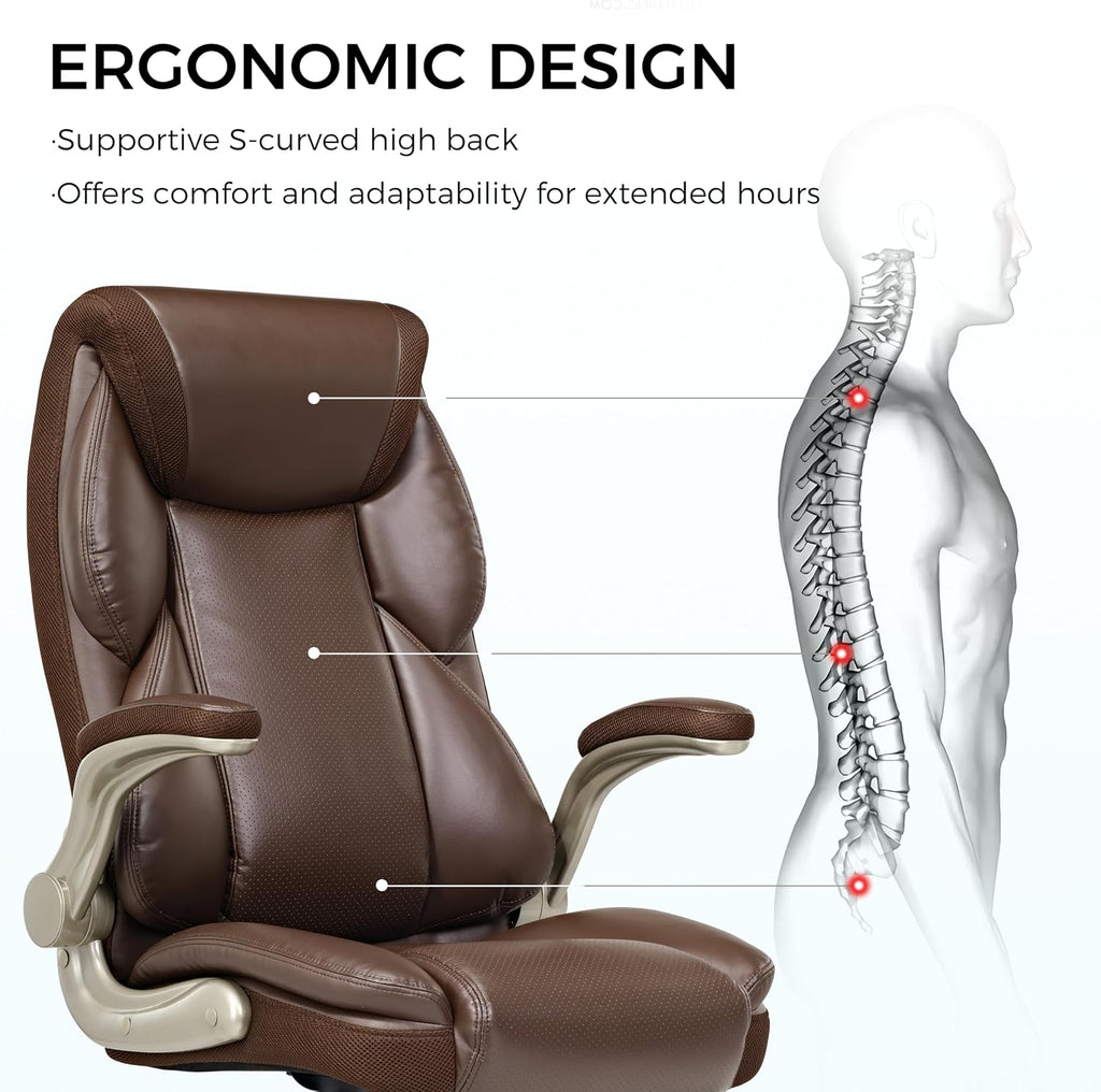 EUREKA ERGONOMIC Galene Executive Office Chair Flip Up Arm Rest, Ergonomic Desk Chair Faux Leather Computer Chair, High Back Office Chair with Headrest, Home Office Desk Chairs with Wheels, Brown