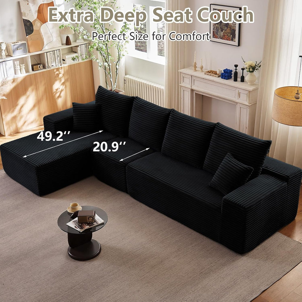 135' Modular Sectional Couches for Living Room, Comfy Boneless L Shaped Cloud Couch with Chaise Lounge, Modern Cozy Corduroy Deep Seat Floor Sofa, Memory Foam, No Assembly Required, Black