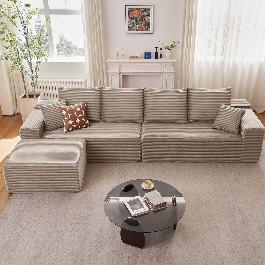 140' L Shaped Cloud Sectional Couch for Living Room, Modular Floor Deep-Seat Sofa, Big Comfy Corduroy Couches Set with Fluffy Memory Foam for Living Room Bedroom, No Assembly Required, Camel