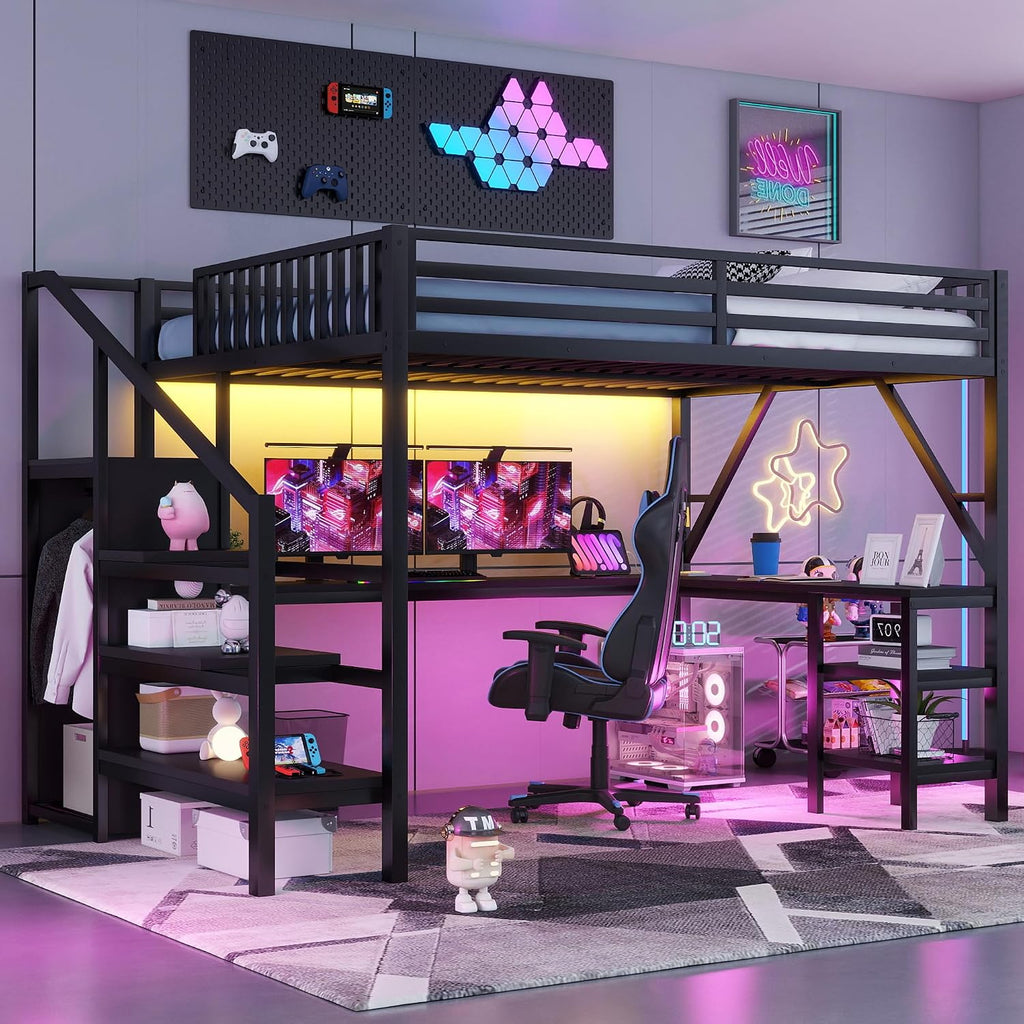 Queen Size Loft Bed with Desk & Stairs, Metal Loft Bed Frame with Storage Shelves, Charging Station & LED Light, Gaming Loft Beds with Wardrobe for Kids Teens Adults, Black