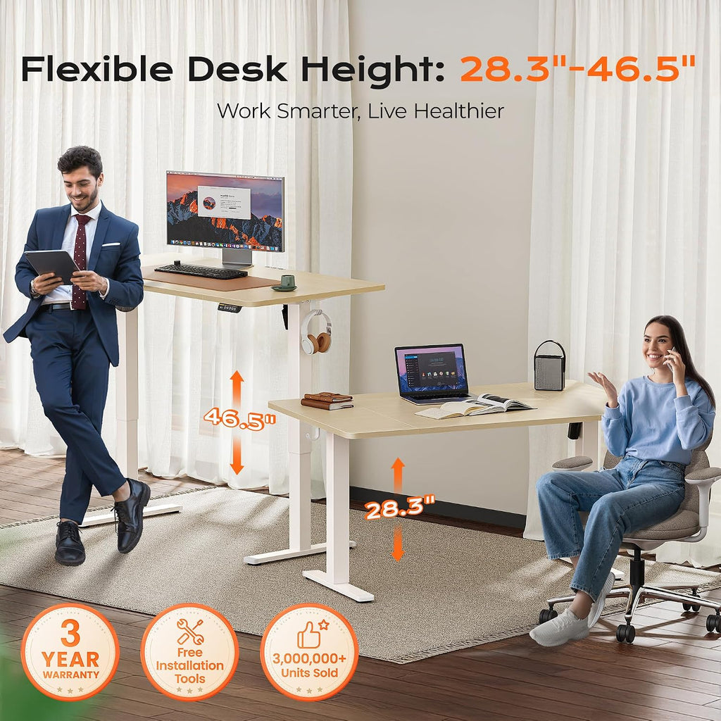 Huuger 55 x 28 Large Electric Standing Desk, Height Adjustable Desk, 27.6' Deep Desktop, Stand up Gaming Computer Office Desk with 2 Hooks, 3 Preset Heights, for Home Office, Maple