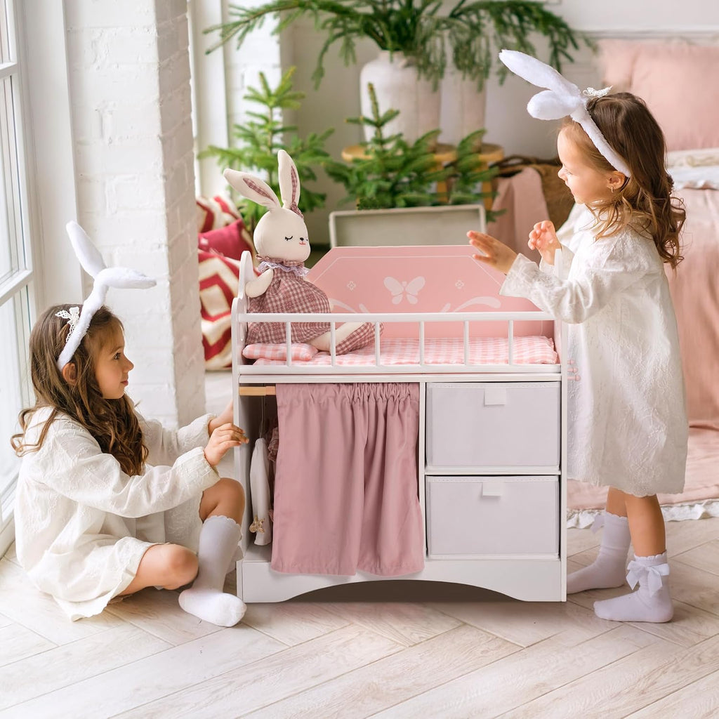 ROBOTIME 4-in-1 Wooden Baby Doll Furniture Set - Includes Doll Crib with Storage, High Chair, Rocking Bassinet, and Stackable Bunk Bed - Fits Dolls up to 21 Inches - Pretend Play Gift for Girls Ages 3