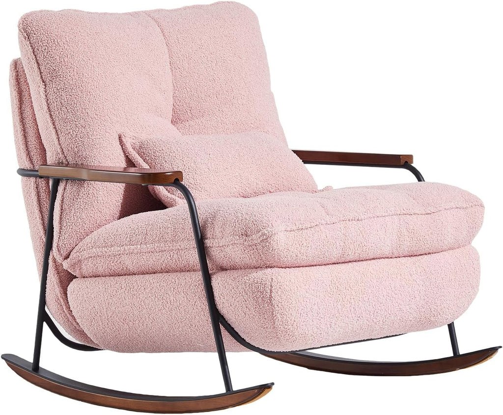 zyz Nursery Rocking Chair with Pillow, Teddy Upholstered Oversized Accent Chair Rocker Recliner, Solid Wood Frame, DIY Ottoman Footrest, Lazy Sofa for Living Room Bedroom (Teddy, Pink)