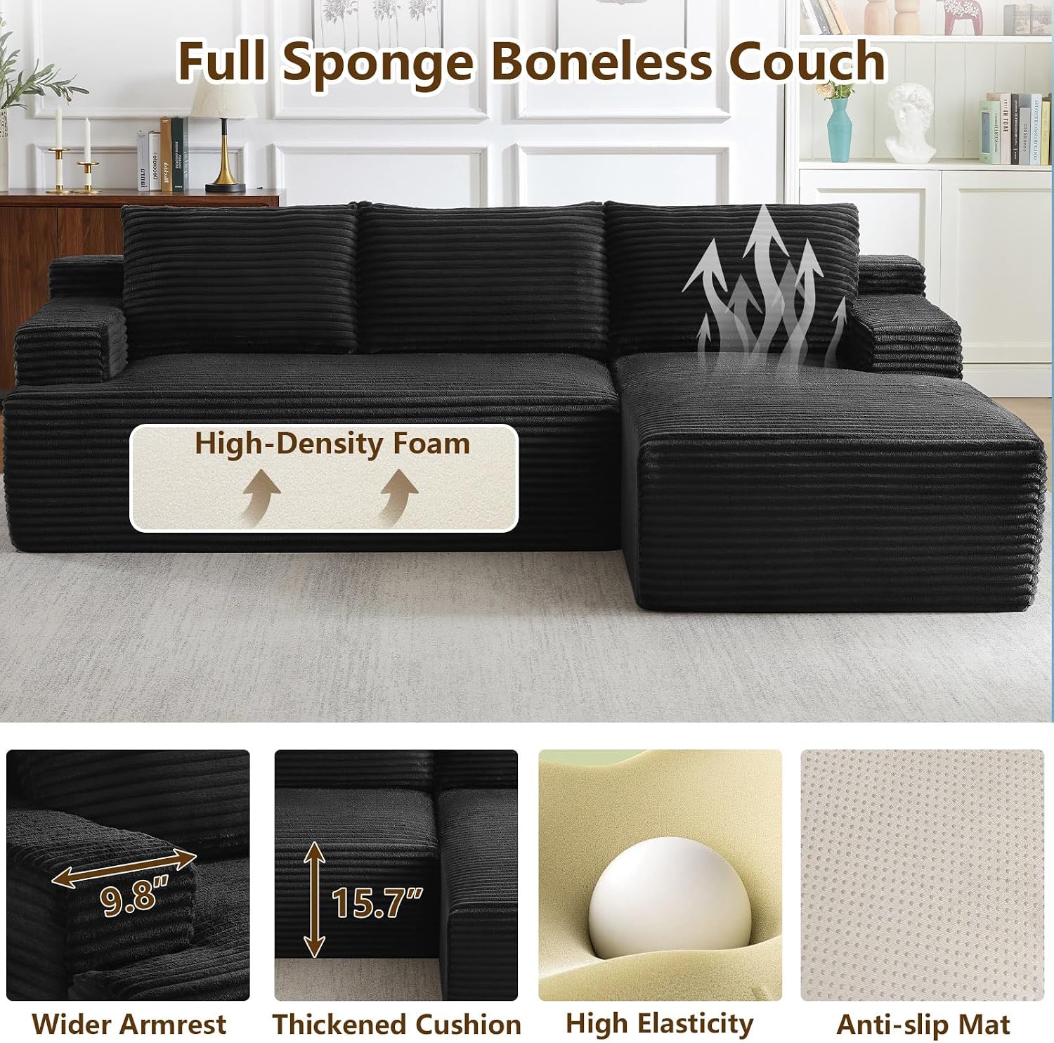 96' Modular Sectional Sofa Couches L-Shape Couch 3 Seat Modular Sofa Corduroy Memory Foam Sectional Boneless Couches for Living Room, Cloud Couch with Oversized Chaise(Black, Right Facing)