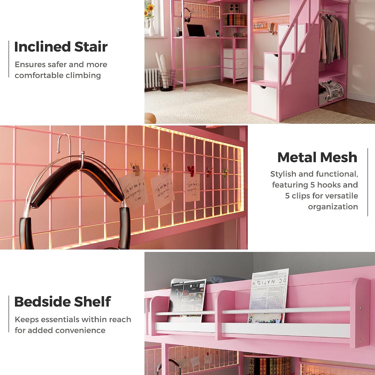 Kikihouse Twin Size Loft Bed with Desk and Stairs, Headboard, Wardrobe, Bedside Storage Shelf, 6 Drawers, Charging Station & LED Light, Metal Gaming Loft Bed Frame for Adult Space-Saving