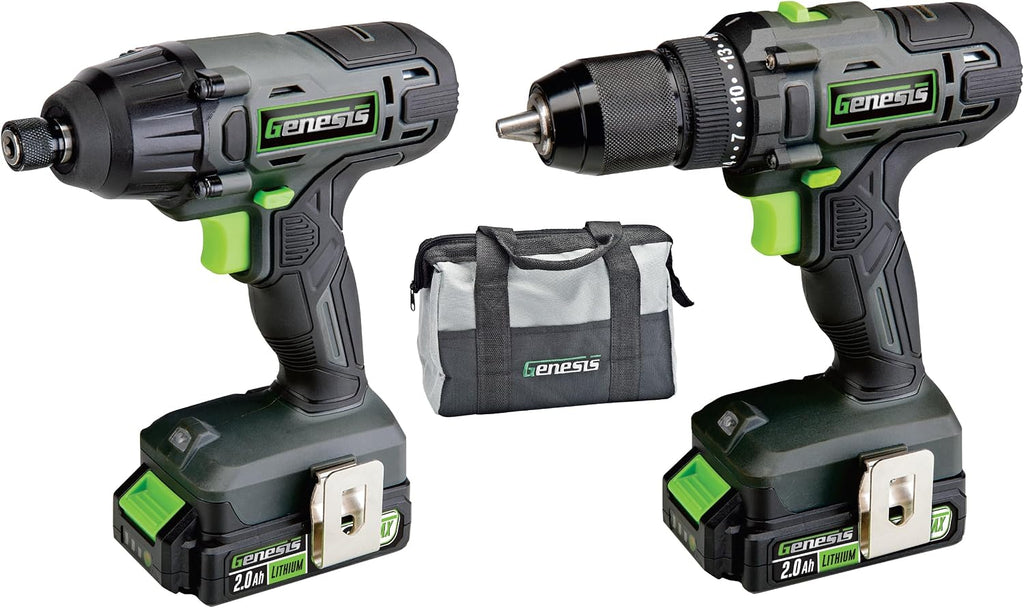 Genesis G20MAX 20V Drill/Impact Driver Combo Kit, LED Light Metal Ratcheting Chuck, 450 in-lbs drill, 1600 in-lb Impact Driver Two 2.0Ah Batteries, Charger, and Storage Bag GL20DIDKB2