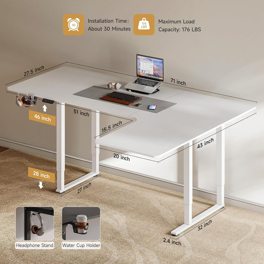 ONBRILL L Shaped Standing Desk, 71x43 Inches Electric L Stand Up Desk with 4 Legs, Dual Motor and Memory Controller, Adjustable Height from 28-46 Inches for Home and Computer Workstation, White