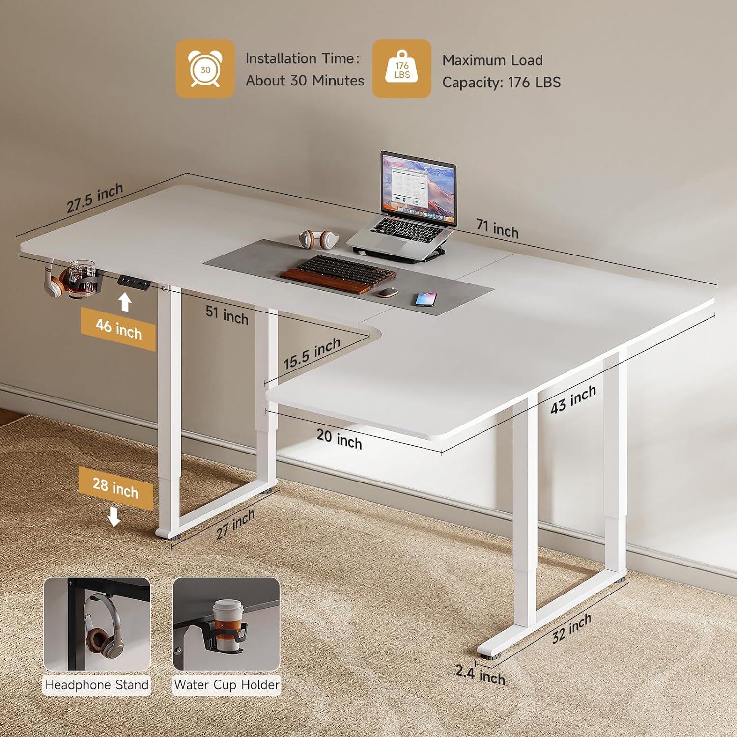ONBRILL L Shaped Standing Desk, 71x43 Inches Electric L Stand Up Desk with 4 Legs, Dual Motor and Memory Controller, Adjustable Height from 28-46 Inches for Home and Computer Workstation, White