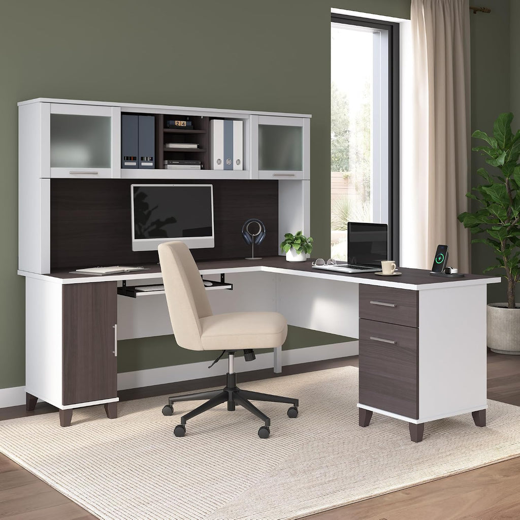 Bush Home 72-Inch L-Shaped Desk with Hutch, Corner Computer Office Desk with File and Box Drawers, Shelves and Storage Cabinet, Home Office Workstation, Somerset Collection, Storm Gray and White