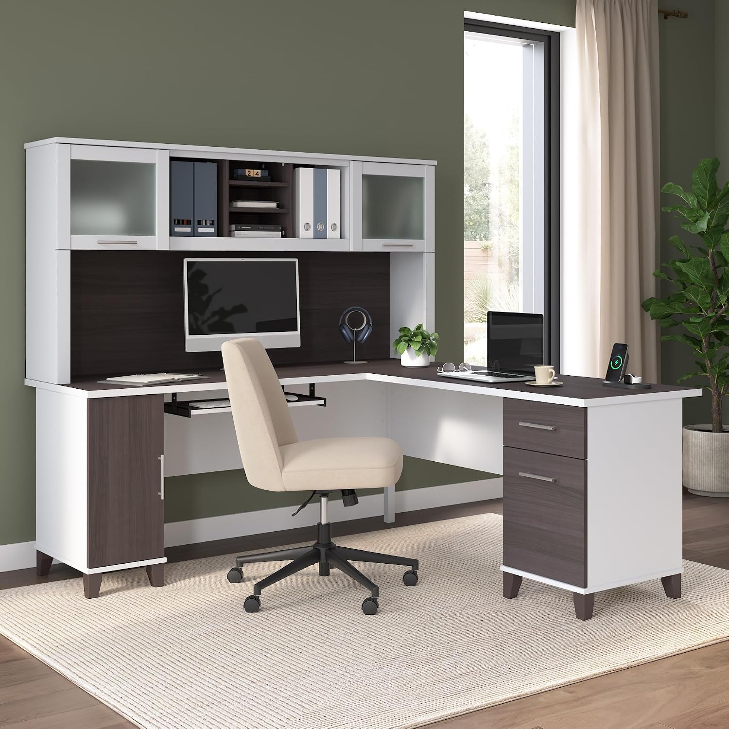 Bush Home 72-Inch L-Shaped Desk with Hutch, Corner Computer Office Desk with File and Box Drawers, Shelves and Storage Cabinet, Home Office Workstation, Somerset Collection, Storm Gray and White