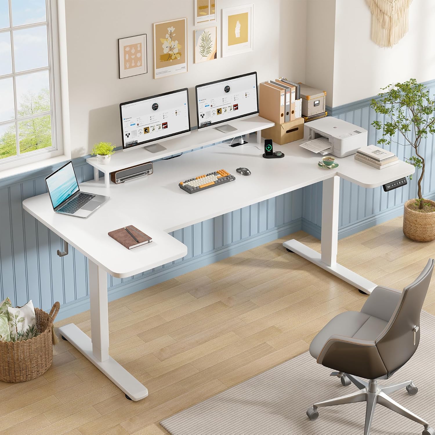 EnHomee 71 x 36 Inch U Shaped Electric Standing Desk, Height Adjustable Desk with Power Outlet, 3 Memory Height Preset,Monitor Shelf for Home Office Work Study Gaming, White