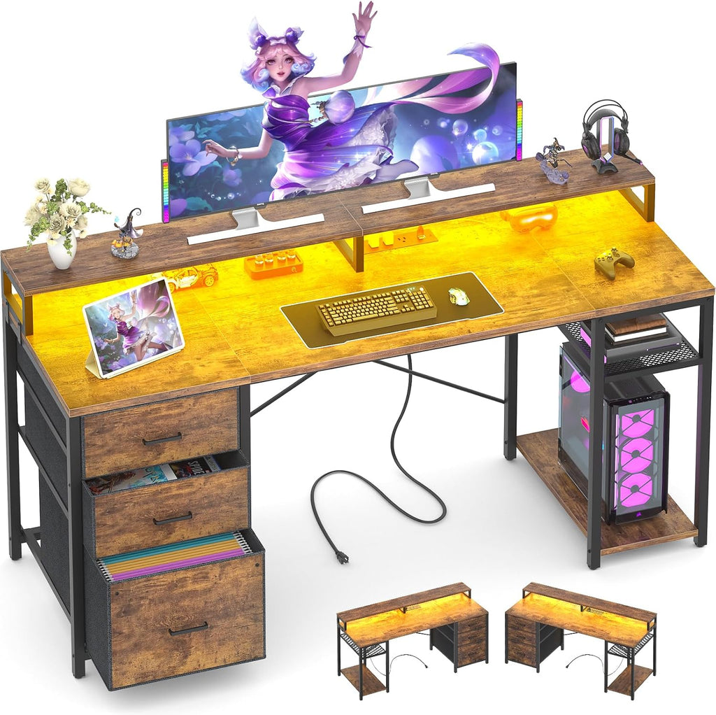 Aheaplus Gaming Desk with LED Lights and Power Outlets, 59 inch Home Office Computer Desk with Fabric File Drawers, Reversible Work Desks with Monitor Stand and Storage Shelves, Rustic Brown
