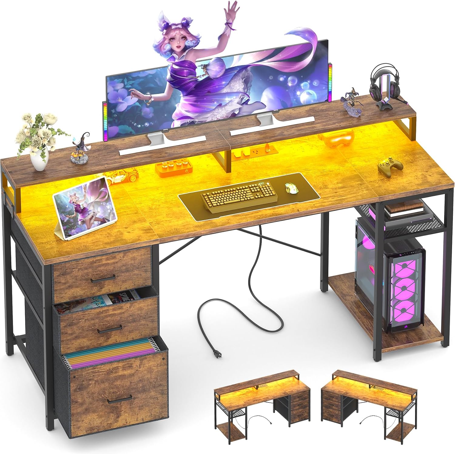 Aheaplus Gaming Desk with LED Lights and Power Outlets, 59 inch Home Office Computer Desk with Fabric File Drawers, Reversible Work Desks with Monitor Stand and Storage Shelves, Rustic Brown