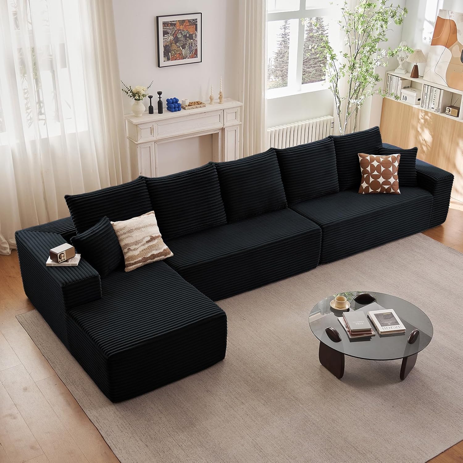 166.9' Cloud Sectional Couch with L-Shape Chaise, Modern Modular Comfy Sofa Chaise Longue, Upholstered Corduroy Couches Sleeper with Deep Seat for Living Room Bedroom, No Assembly Required, Black