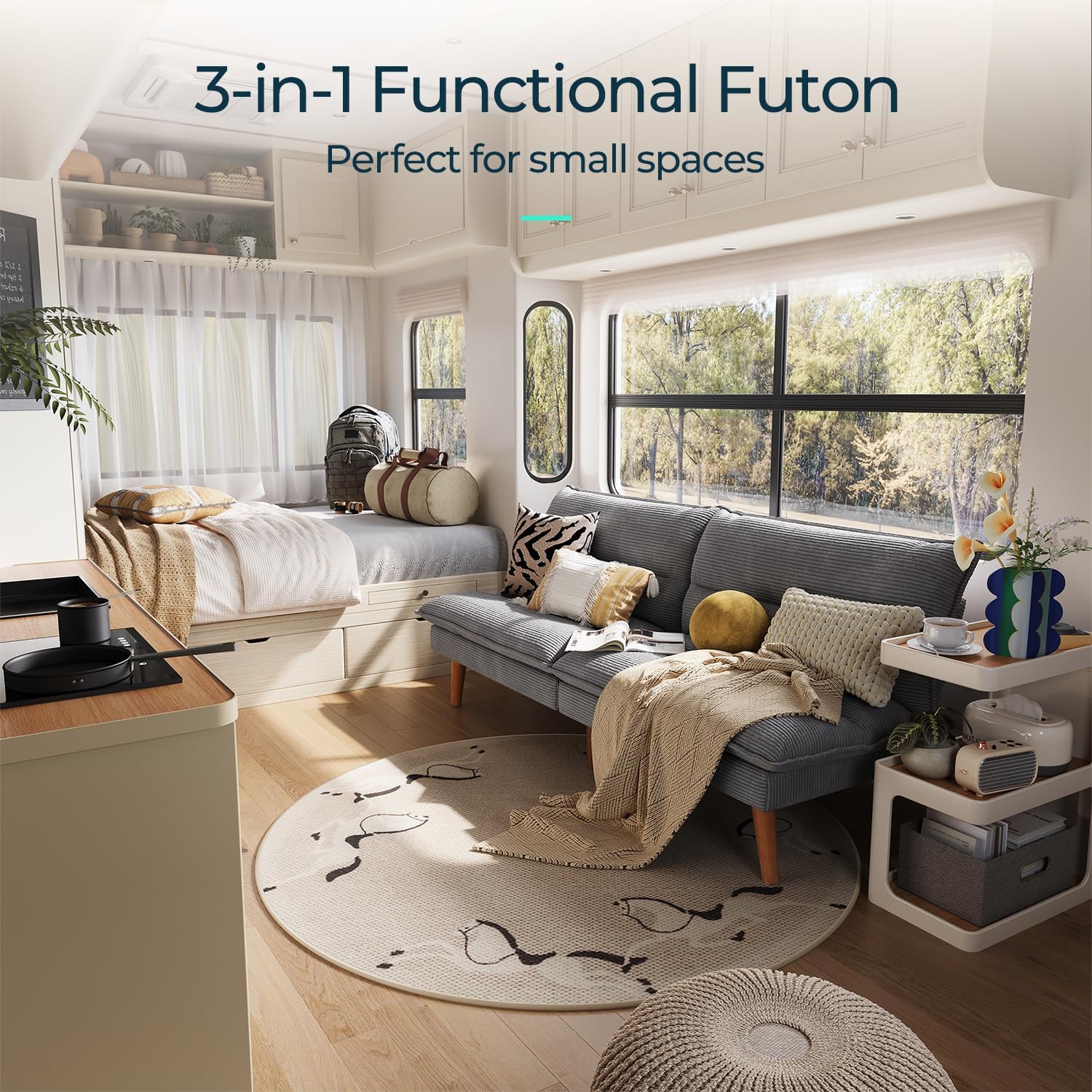 LINSY HOME Futon Sofa Bed - Convertible Corduroy Futon Couch Bed with Adjustable Backrest, Modern Small Loveseat Sleeper Sofa for Small Spaces, Living Room, Apartment or Office (Grey)
