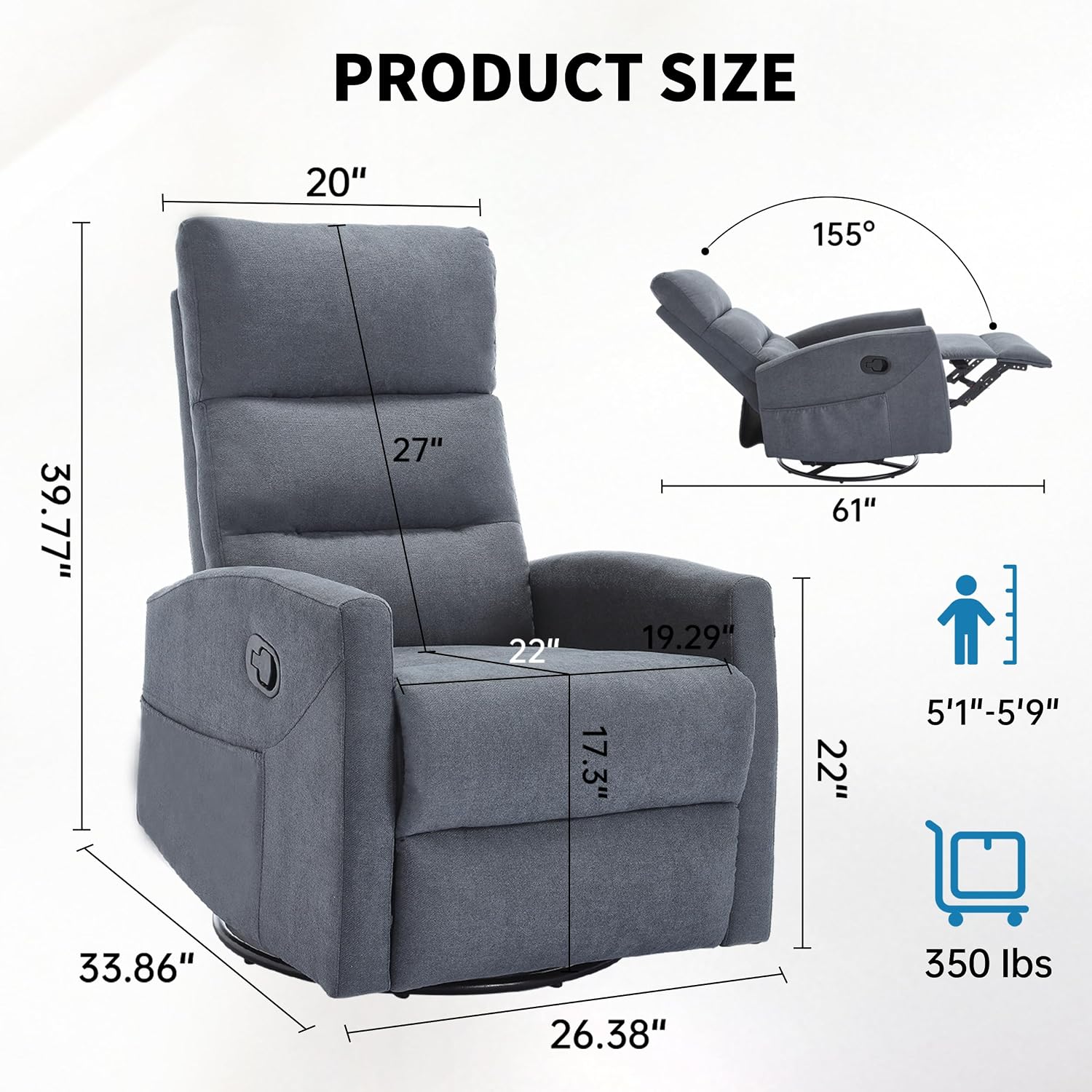 360° Swivel Rocking Chair for Nursery, Manual Glider Chair Nursing Chair with Side Pockets, Polyester Glider for Living Room, Heavy Duty Motion Mechanism, Gray