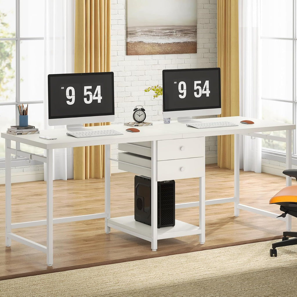 Tribesigns 79 Inch Extra Long Double Desk with 2 Drawers, Two Person Computer Desk with Storage Shelves, Writing Table Study Desk for Home Office, White
