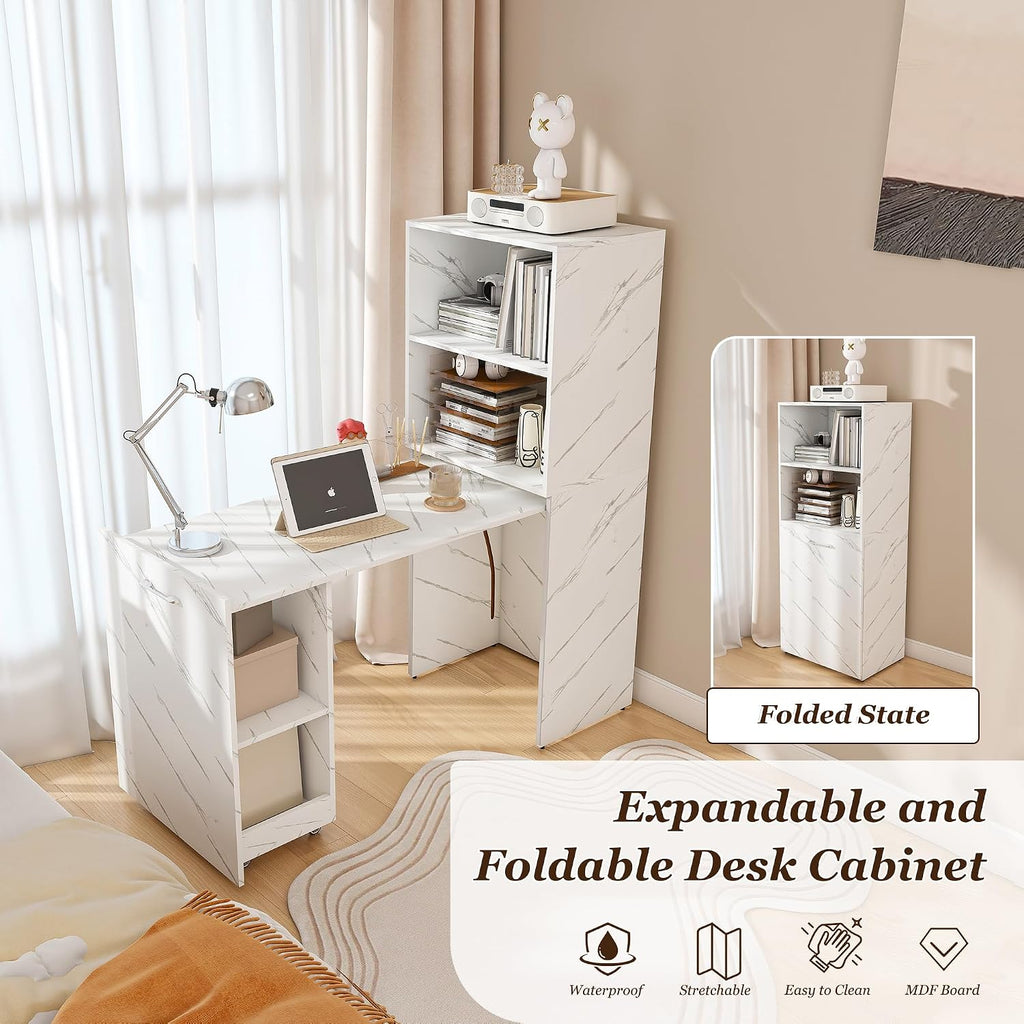 KEIKI Home Office Stretchable Desks with Storage Shelves and Mobile Wheels, Modern Wood Foldable Desk Gaming Computer Corner Table for Apartments Work, Study, Writing, White Marble